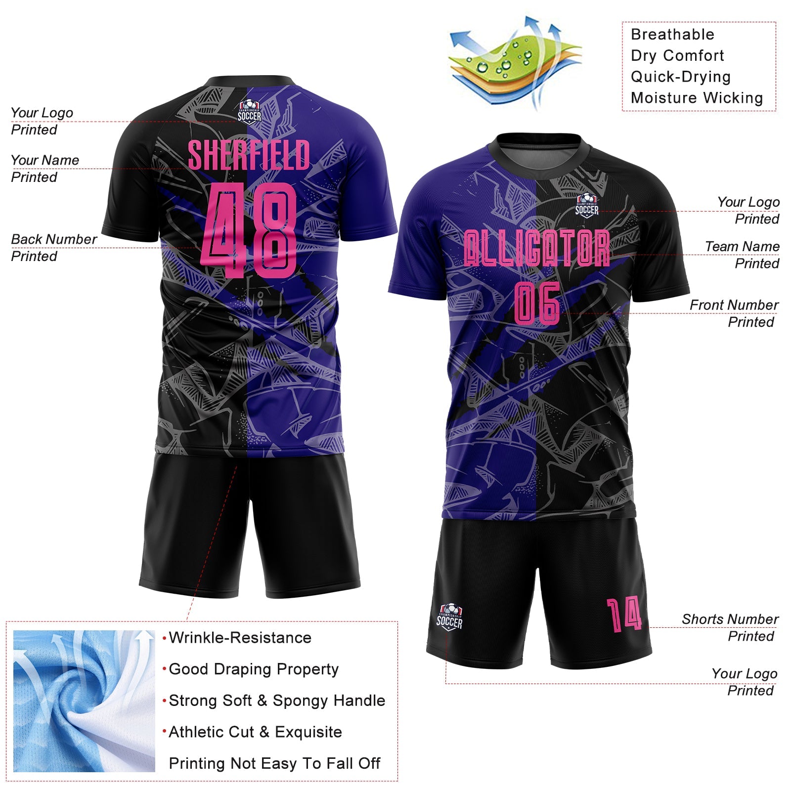 Custom Graffiti Pattern Pink Black-Dark Purple Scratch Sublimation Soccer Uniform Jersey view 4