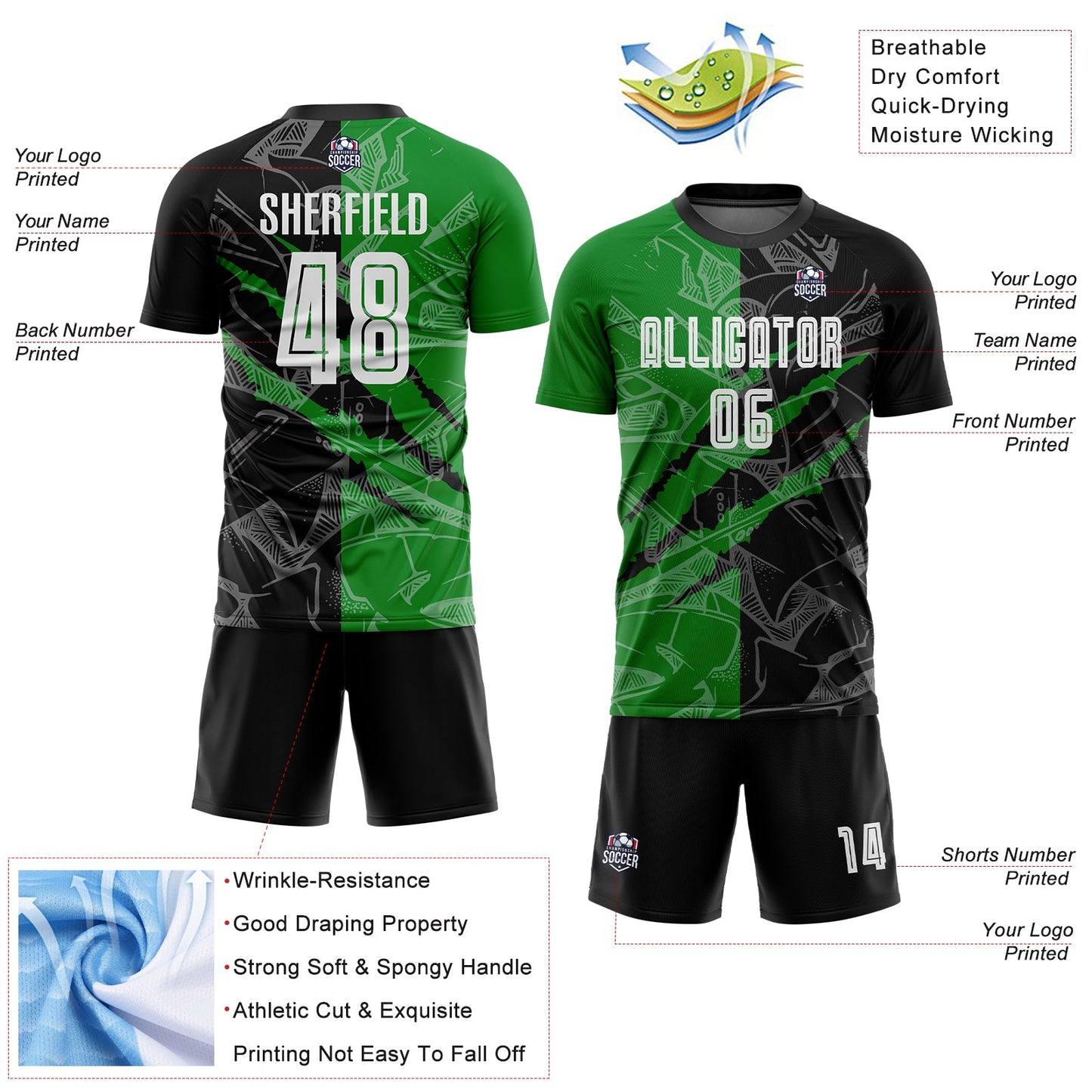 Custom Graffiti Pattern Black-Grass Green Scratch Sublimation Soccer Uniform Jersey view 4