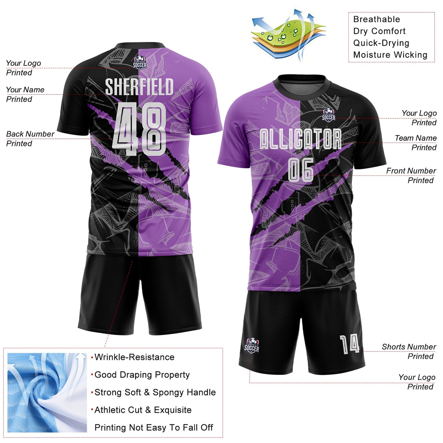 Custom Graffiti Pattern Black-Medium Purple Scratch Sublimation Soccer Uniform Jersey view 4