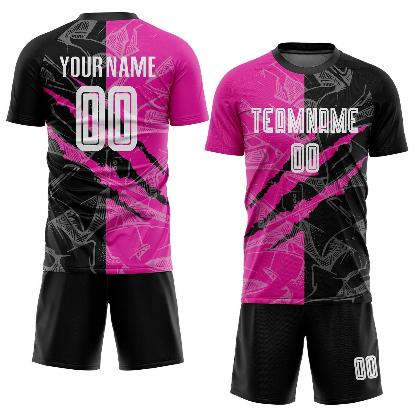 Custom Graffiti Pattern Black-Deep Pink Scratch Sublimation Soccer Uniform Jersey view 2