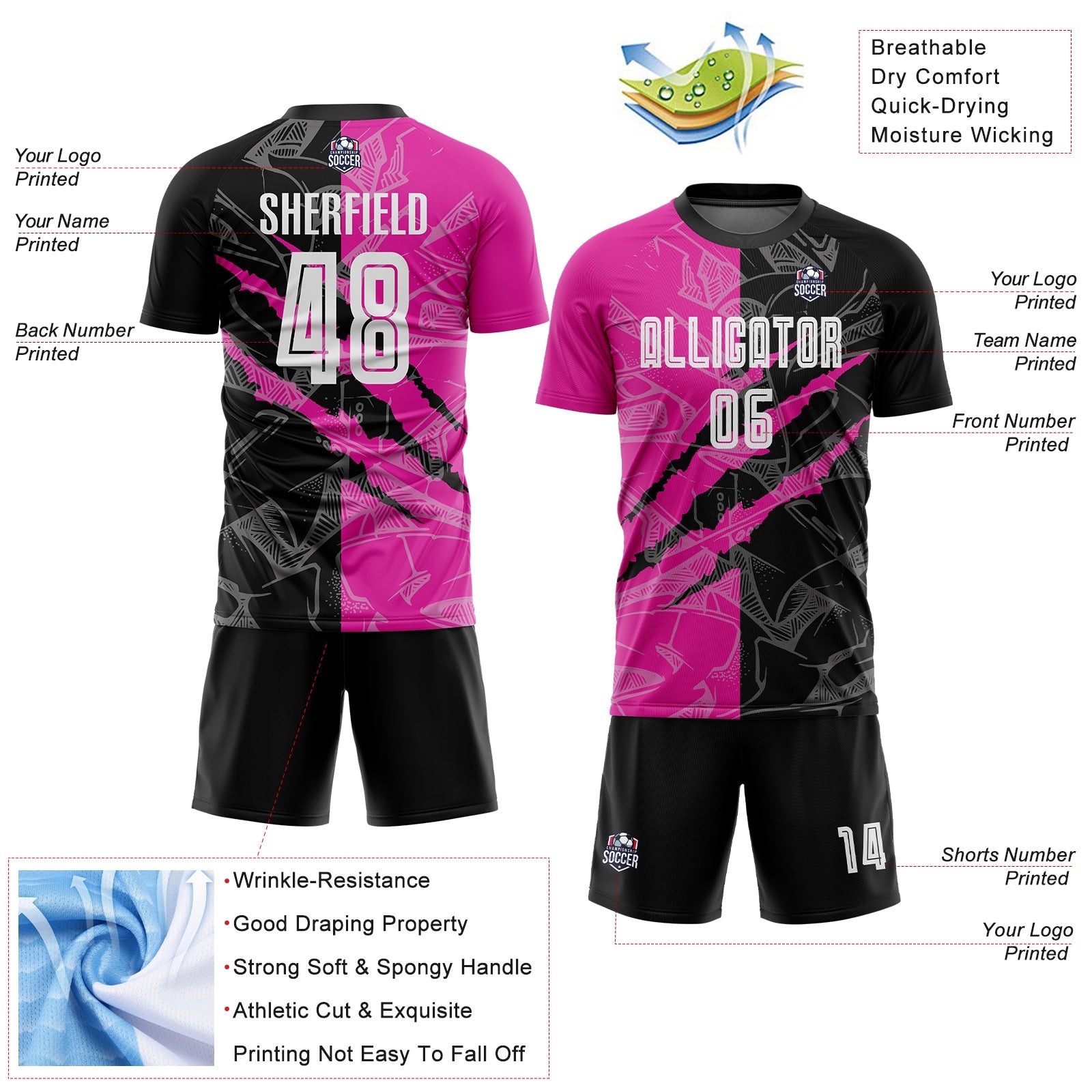 Custom Graffiti Pattern Black-Deep Pink Scratch Sublimation Soccer Uniform Jersey view 4
