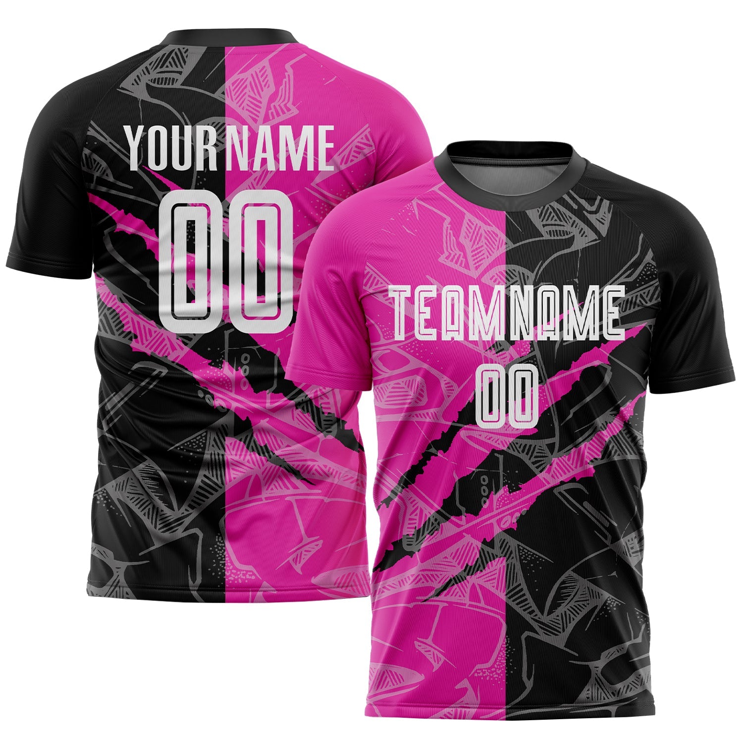 Custom Graffiti Pattern Black-Deep Pink Scratch Sublimation Soccer Uniform Jersey - Main View