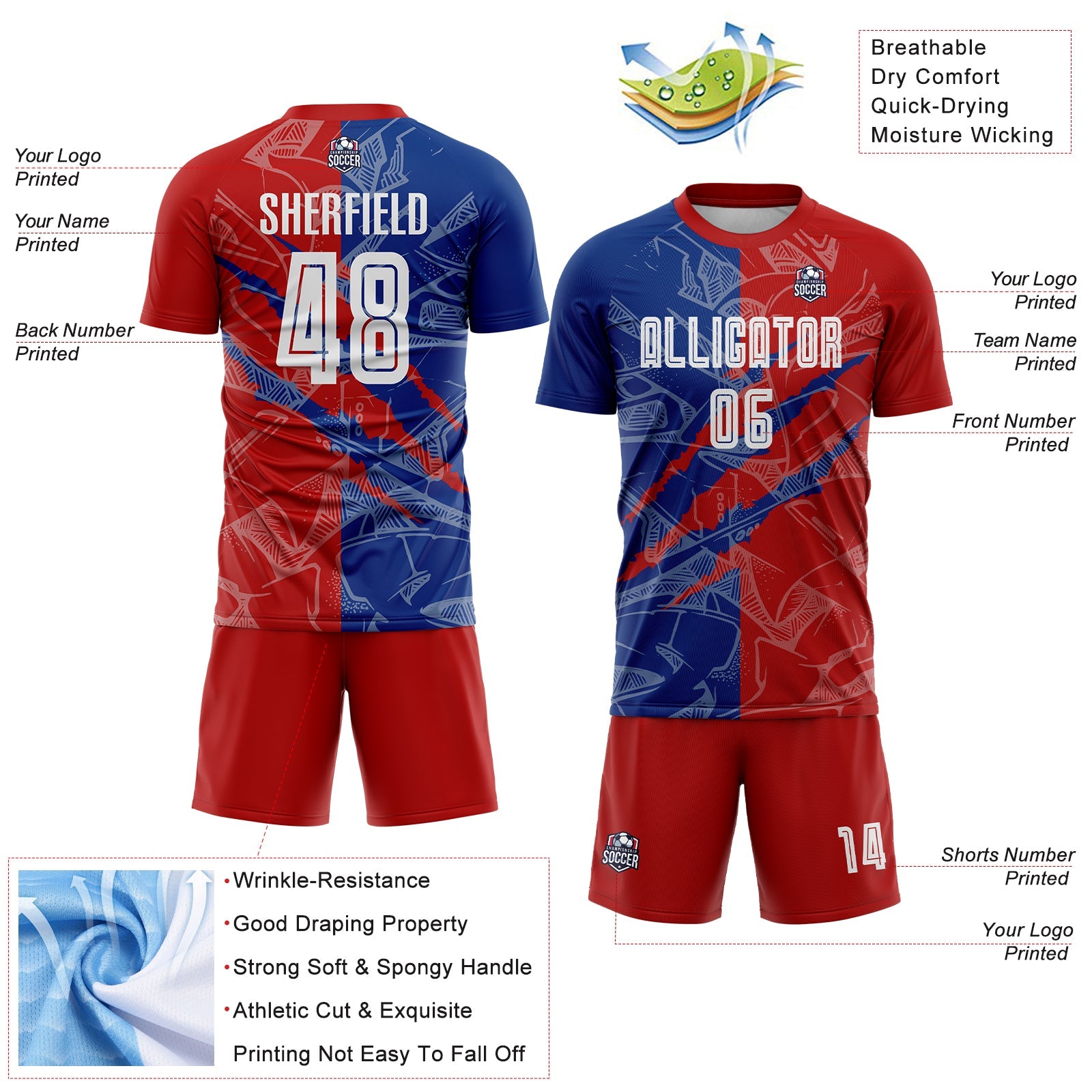 Custom Graffiti Pattern Red-Royal USA Scratch Sublimation Soccer Uniform Jersey view 4