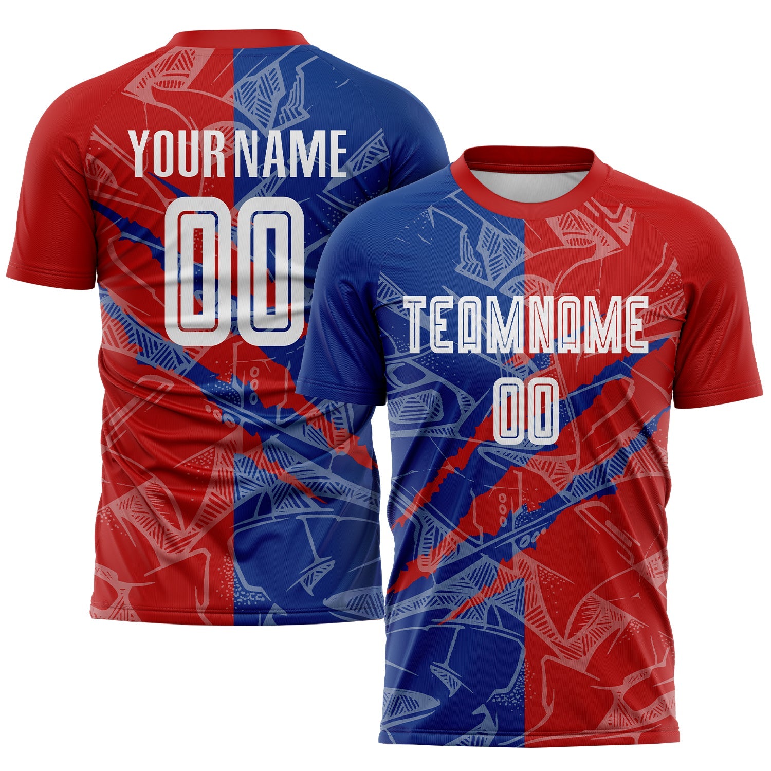 Custom Graffiti Pattern Red-Royal USA Scratch Sublimation Soccer Uniform Jersey - Main View