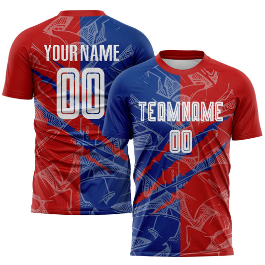 Custom Graffiti Pattern Red-Royal USA Scratch Sublimation Soccer Uniform Jersey - Main View
