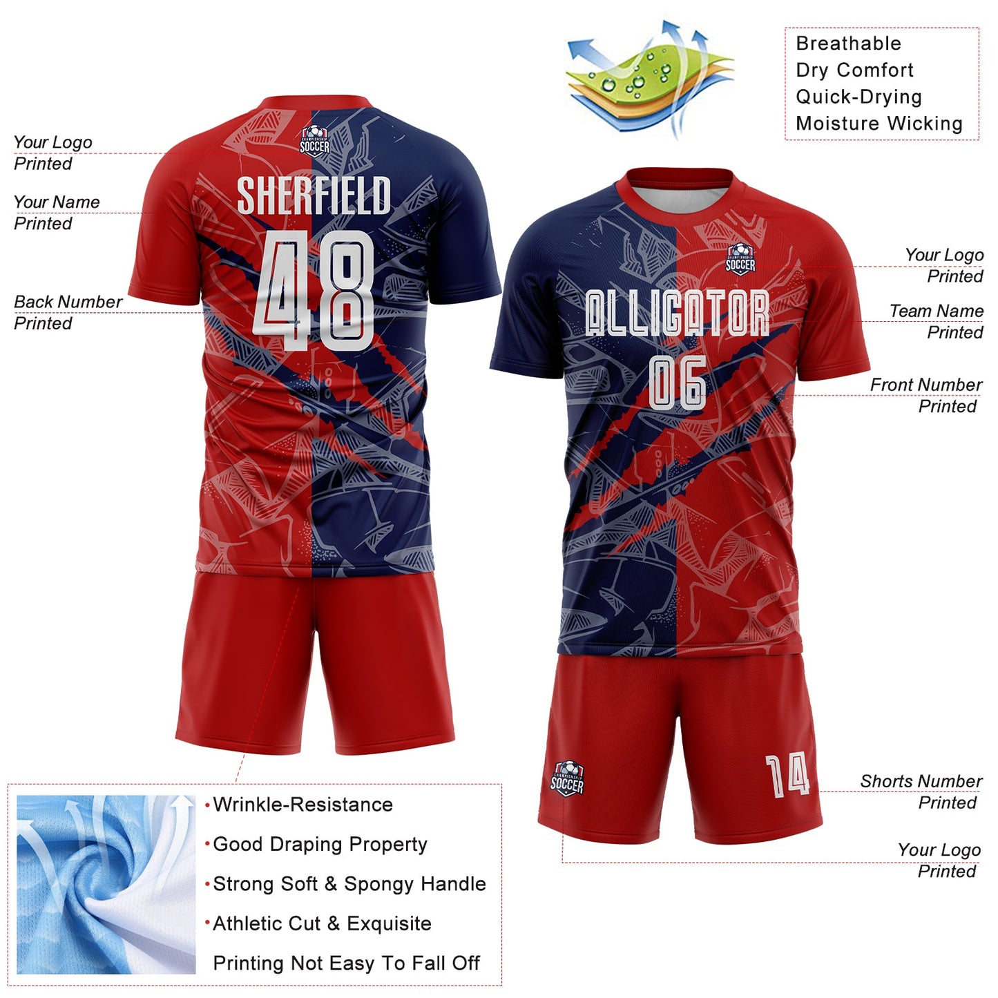 Custom Graffiti Pattern Red-Navy USA Scratch Sublimation Soccer Uniform Jersey view 4