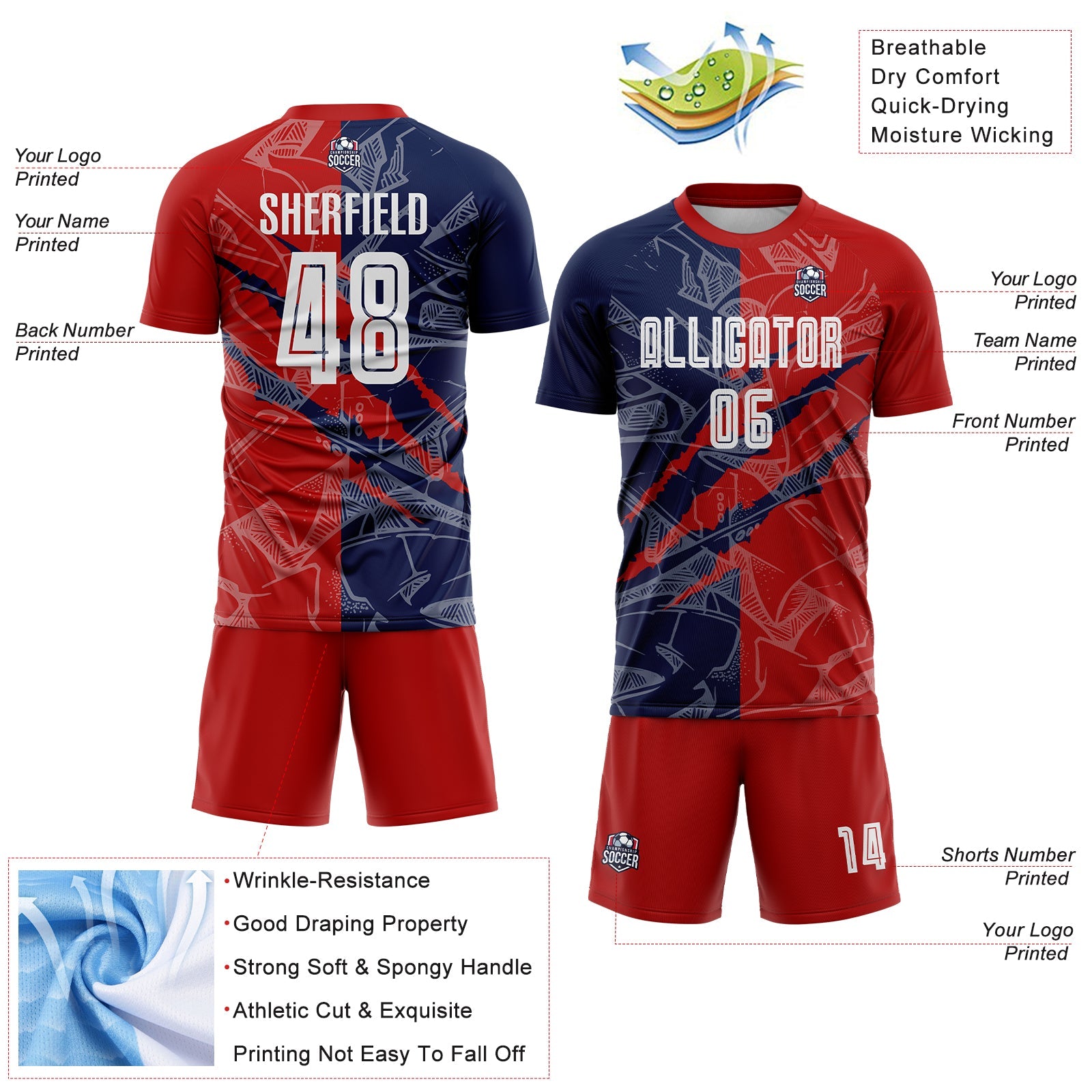 Custom Graffiti Pattern Red-Navy USA Scratch Sublimation Soccer Uniform Jersey view 4