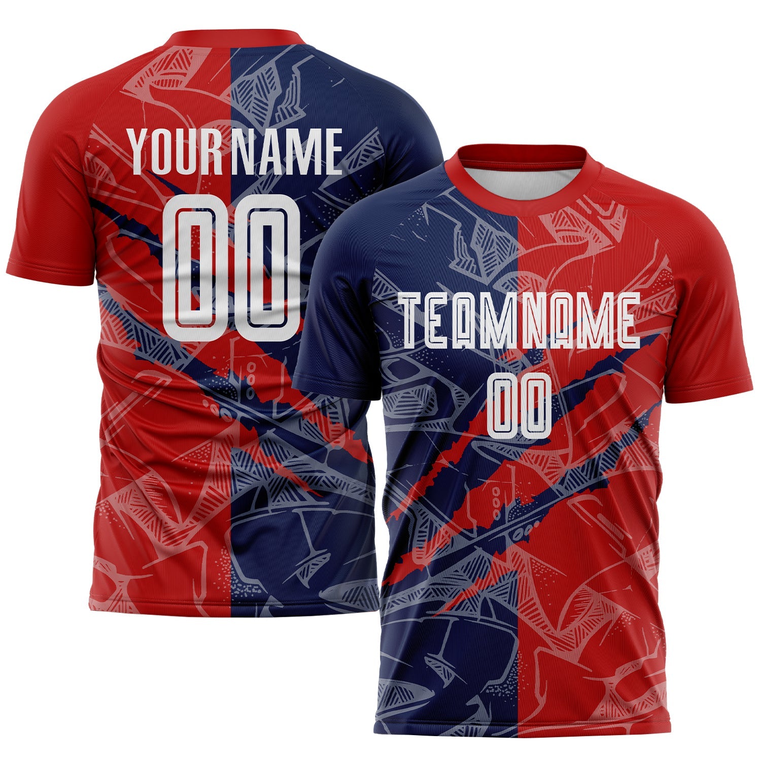 Custom Graffiti Pattern Red-Navy USA Scratch Sublimation Soccer Uniform Jersey - Main View
