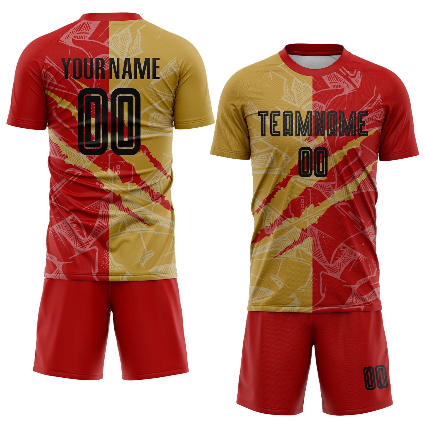 Custom Graffiti Pattern Black Red-Old Gold Scratch Sublimation Soccer Uniform Jersey view 2