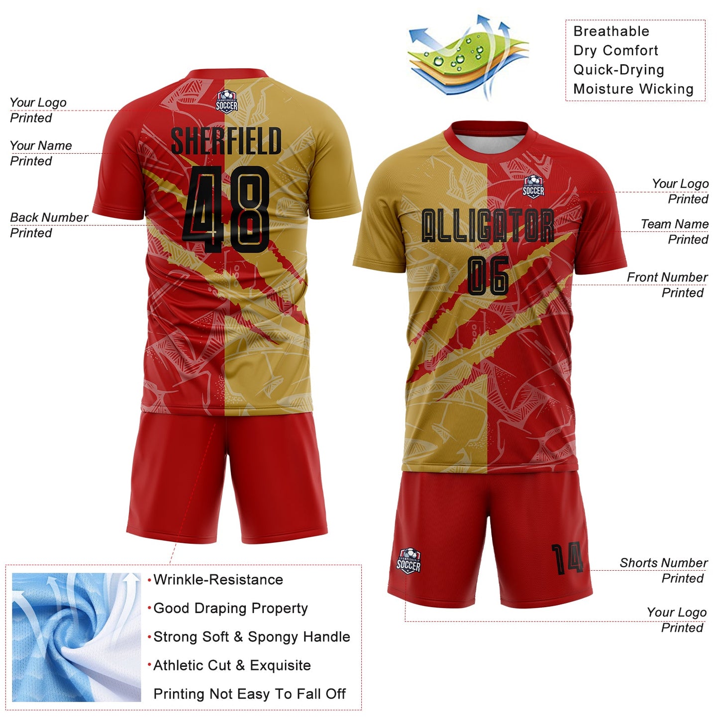 Custom Graffiti Pattern Black Red-Old Gold Scratch Sublimation Soccer Uniform Jersey view 4