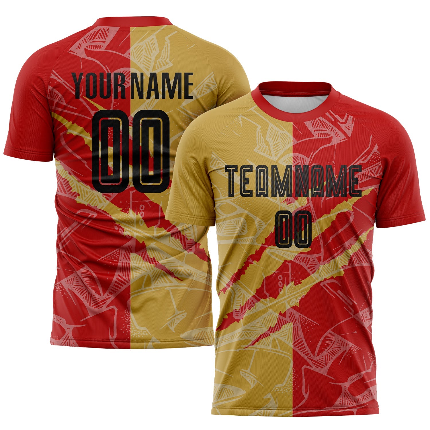 Custom Graffiti Pattern Black Red-Old Gold Scratch Sublimation Soccer Uniform Jersey - Main View