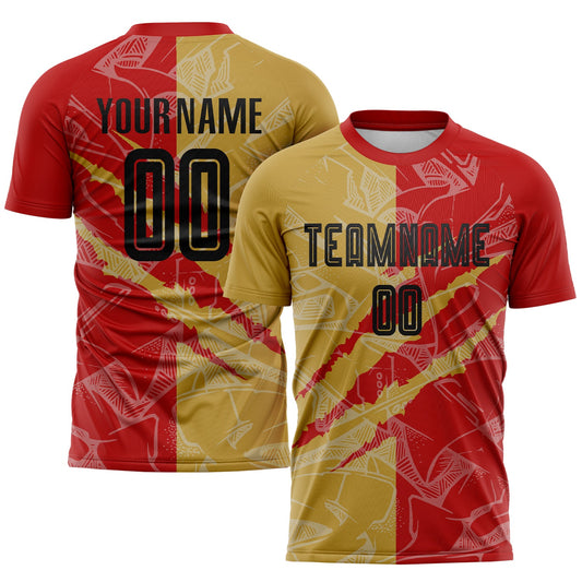Custom Graffiti Pattern Black Red-Old Gold Scratch Sublimation Soccer Uniform Jersey - Main View