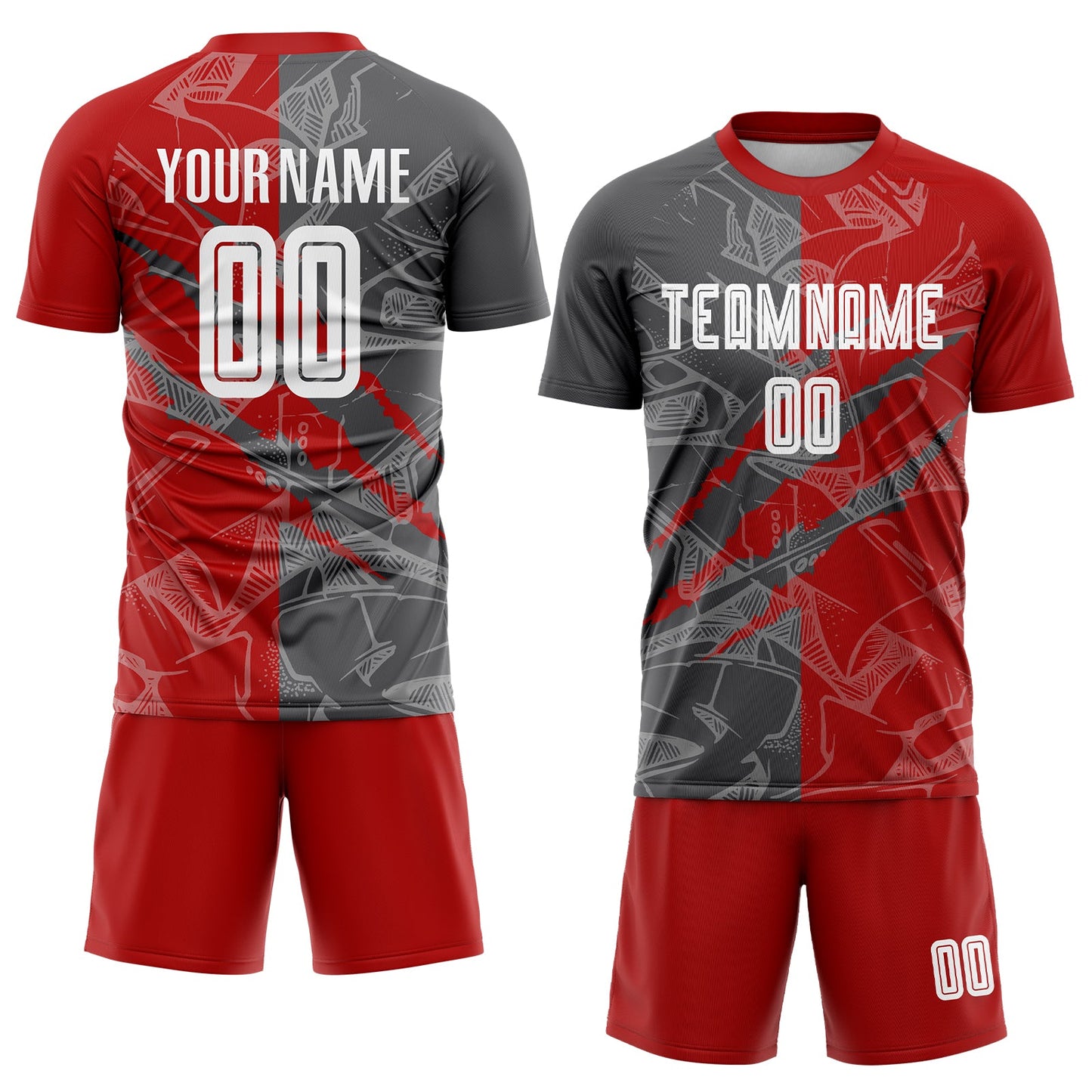Custom Graffiti Pattern Red-Steel Gray Scratch Sublimation Soccer Uniform Jersey view 2