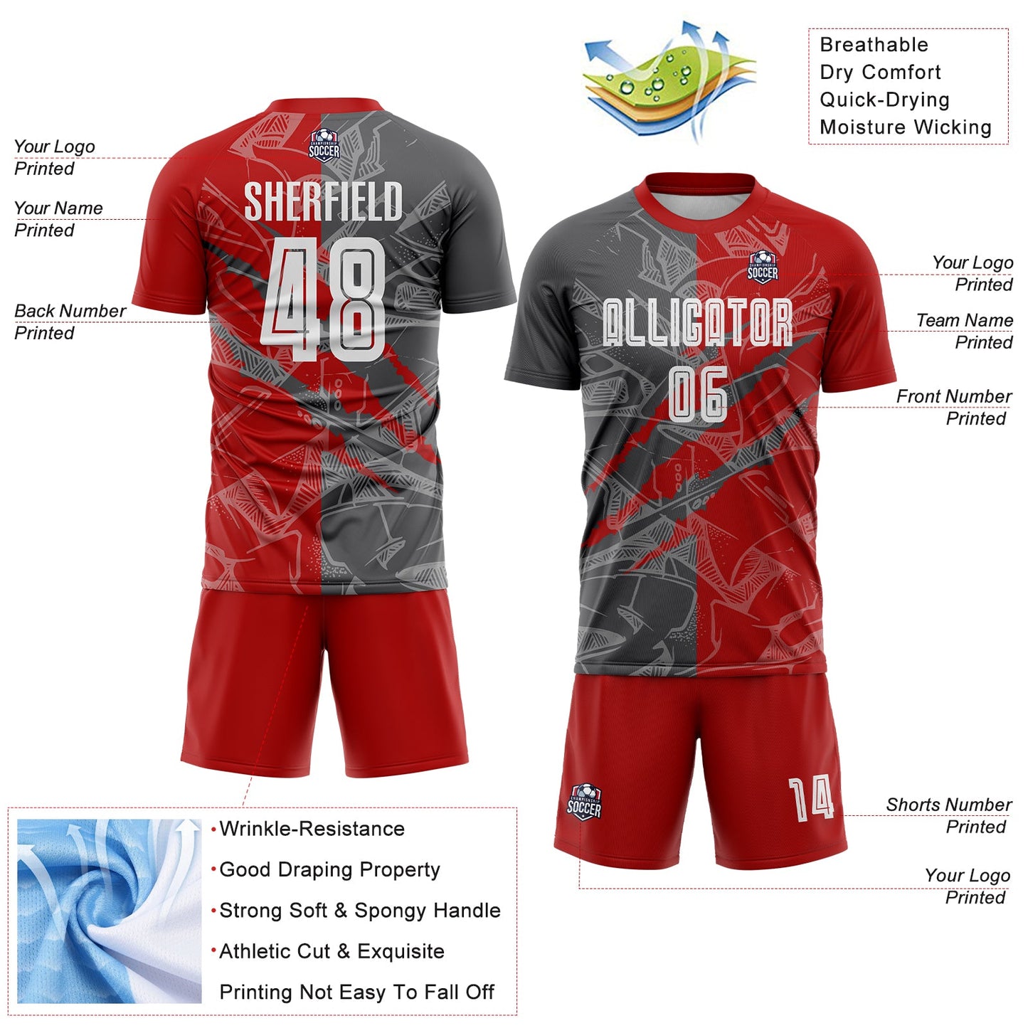 Custom Graffiti Pattern Red-Steel Gray Scratch Sublimation Soccer Uniform Jersey view 4