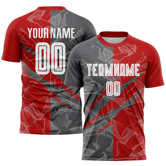 Custom Graffiti Pattern Red-Steel Gray Scratch Sublimation Soccer Uniform Jersey - Main View