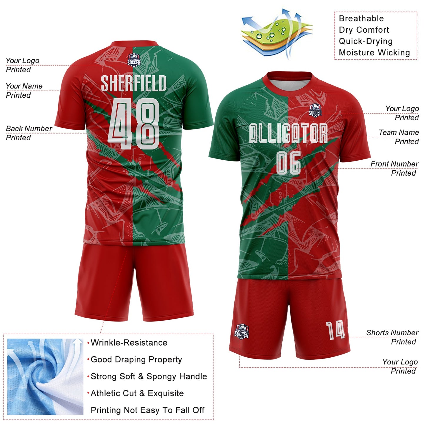 Custom Graffiti Pattern Red-Kelly Green Scratch Sublimation Soccer Uniform Jersey view 4