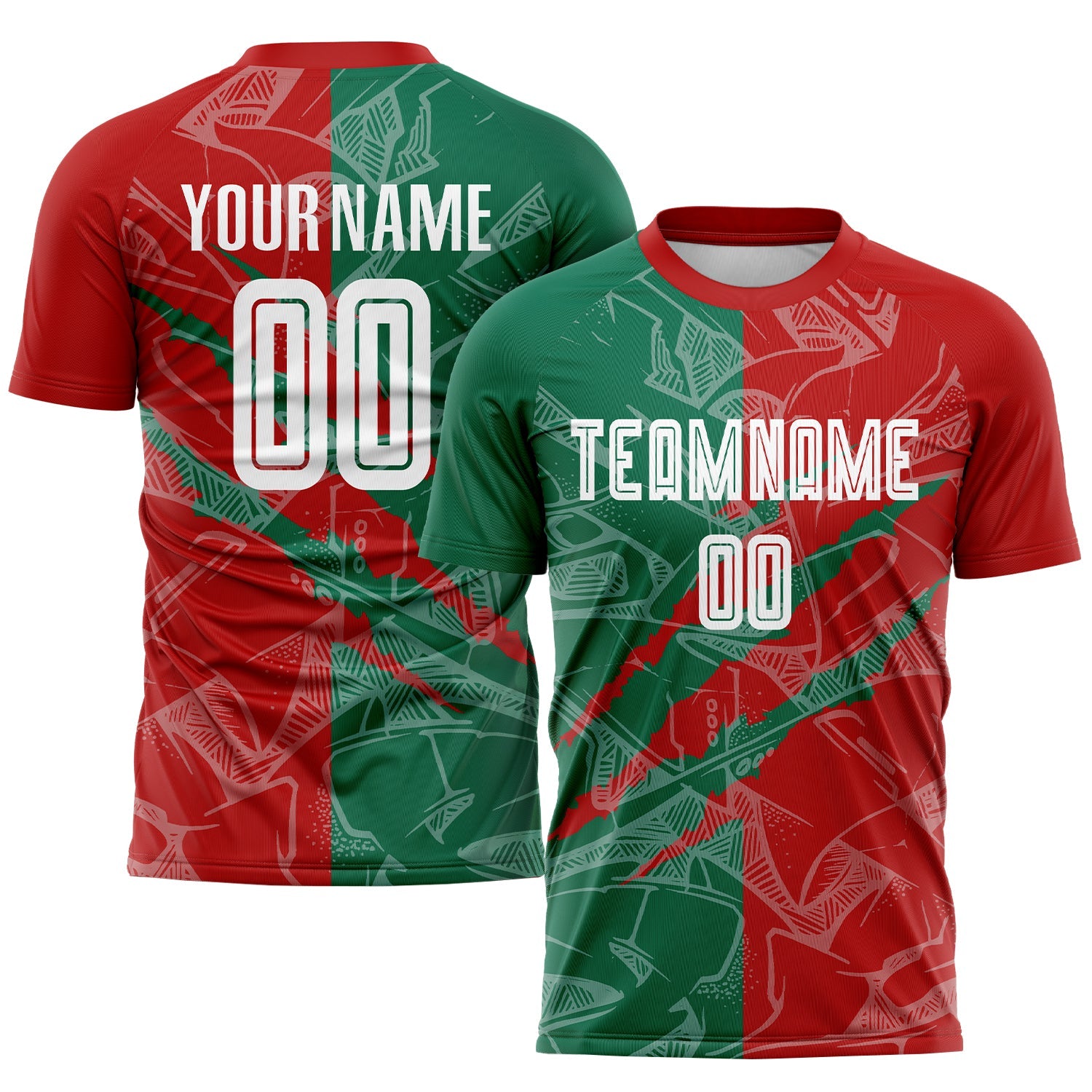 Custom Graffiti Pattern Red-Kelly Green Scratch Sublimation Soccer Uniform Jersey - Main View