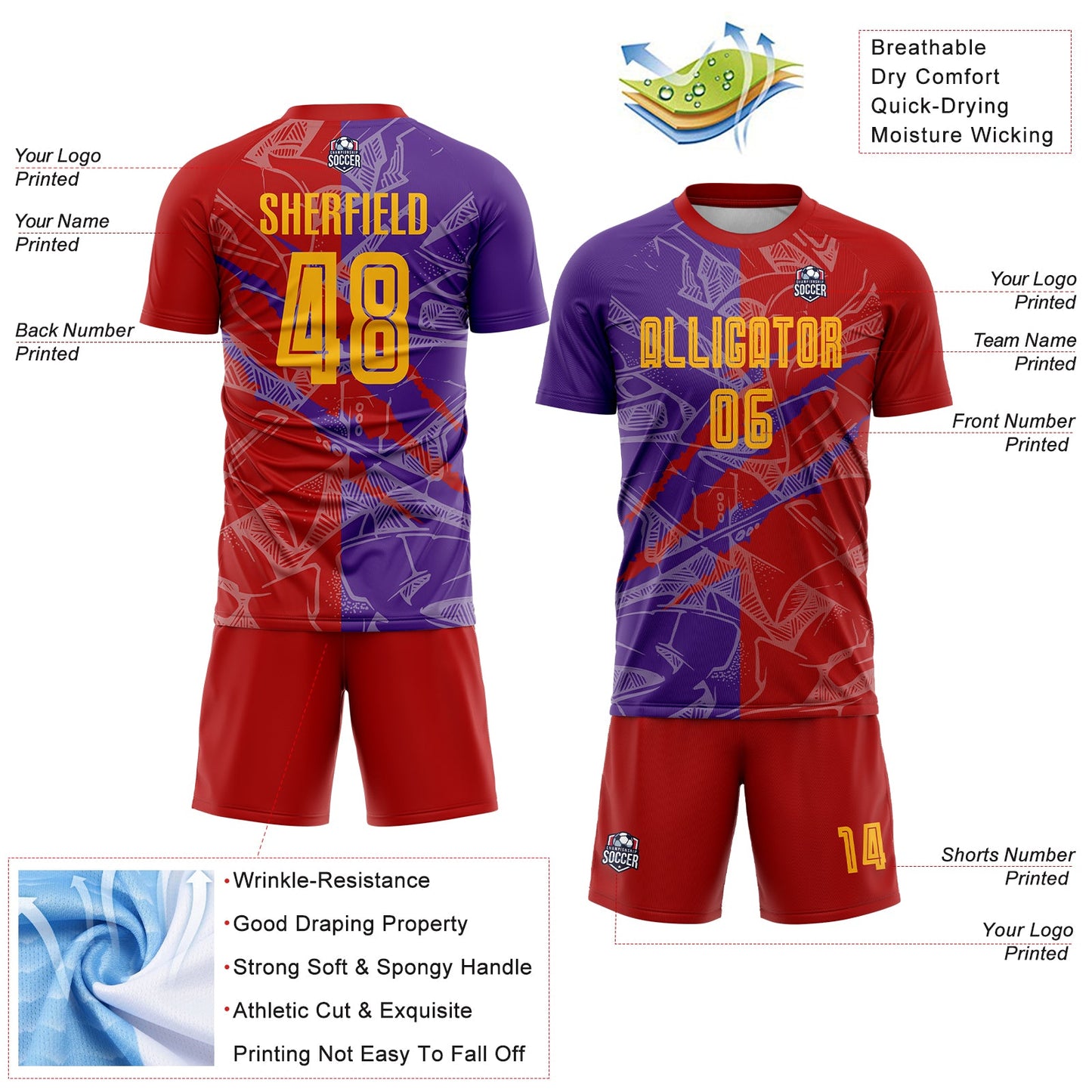 Custom Graffiti Pattern Yellow Red-Purple Scratch Sublimation Soccer Uniform Jersey view 4