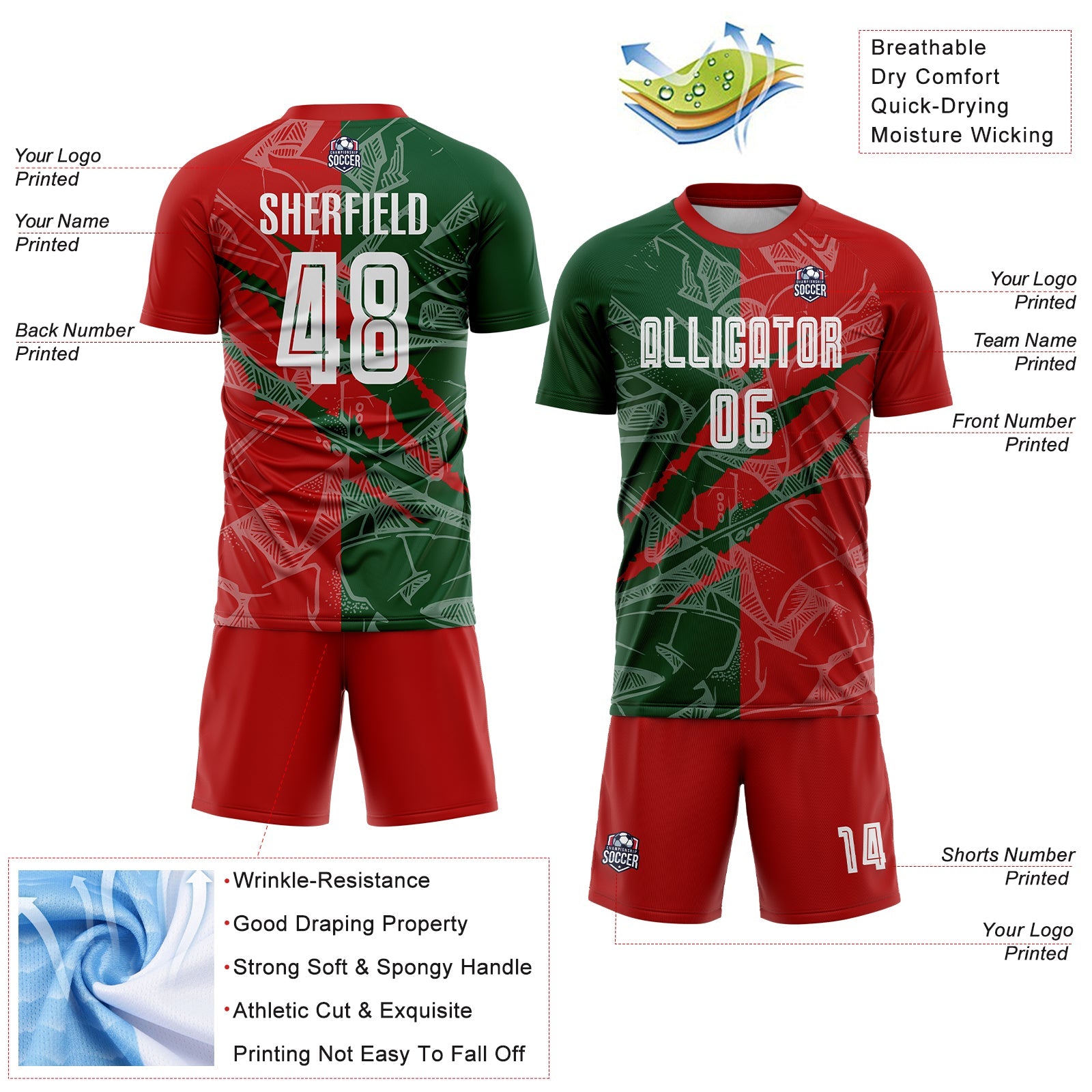 Custom Graffiti Pattern Red-Green Scratch Sublimation Soccer Uniform Jersey view 4
