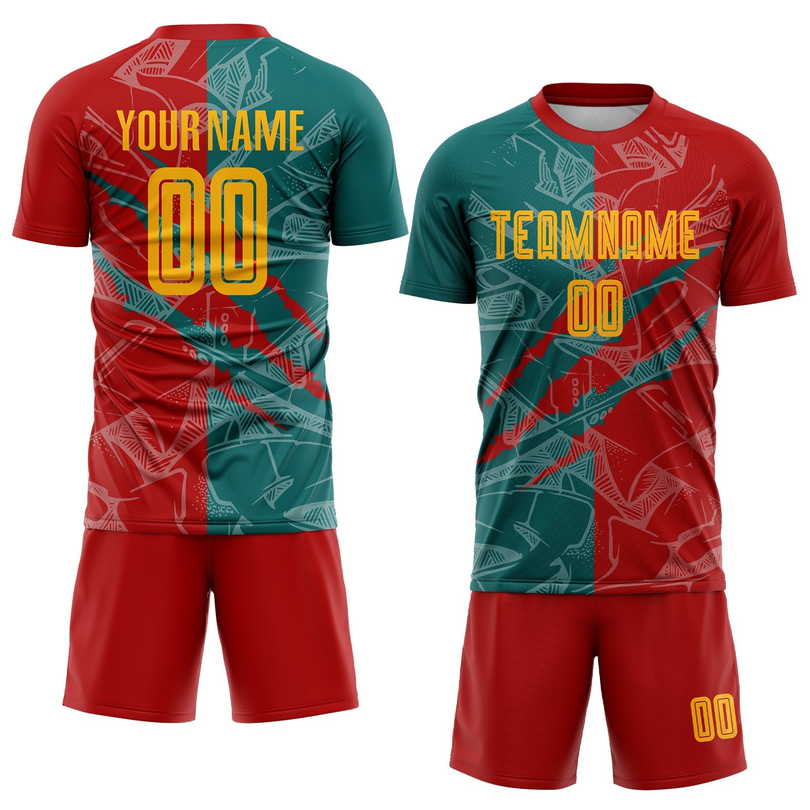 Custom Graffiti Pattern Yellow Red-Teal Scratch Sublimation Soccer Uniform Jersey view 2