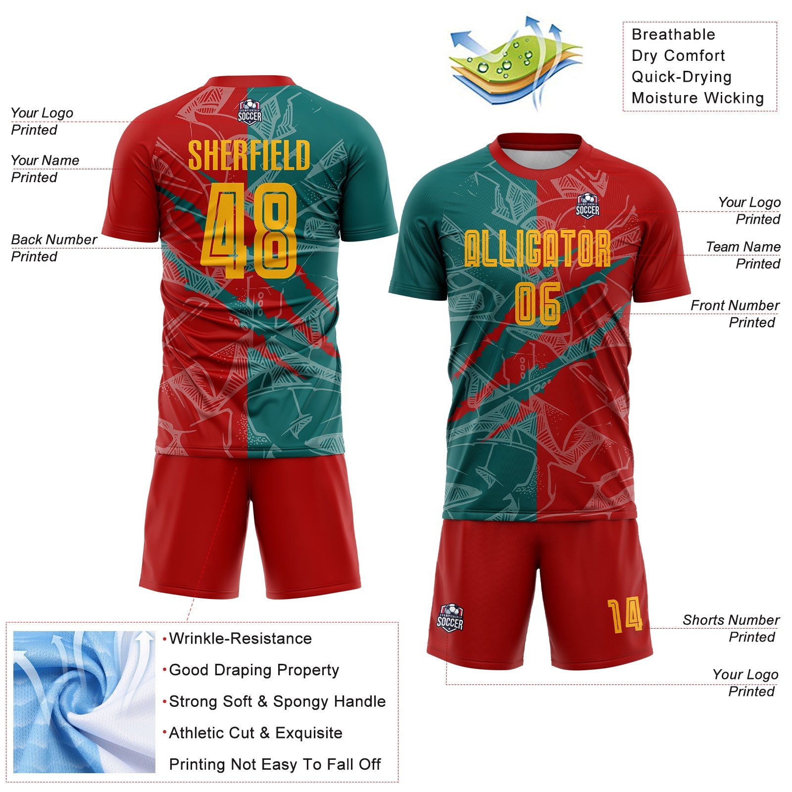 Custom Graffiti Pattern Yellow Red-Teal Scratch Sublimation Soccer Uniform Jersey view 4
