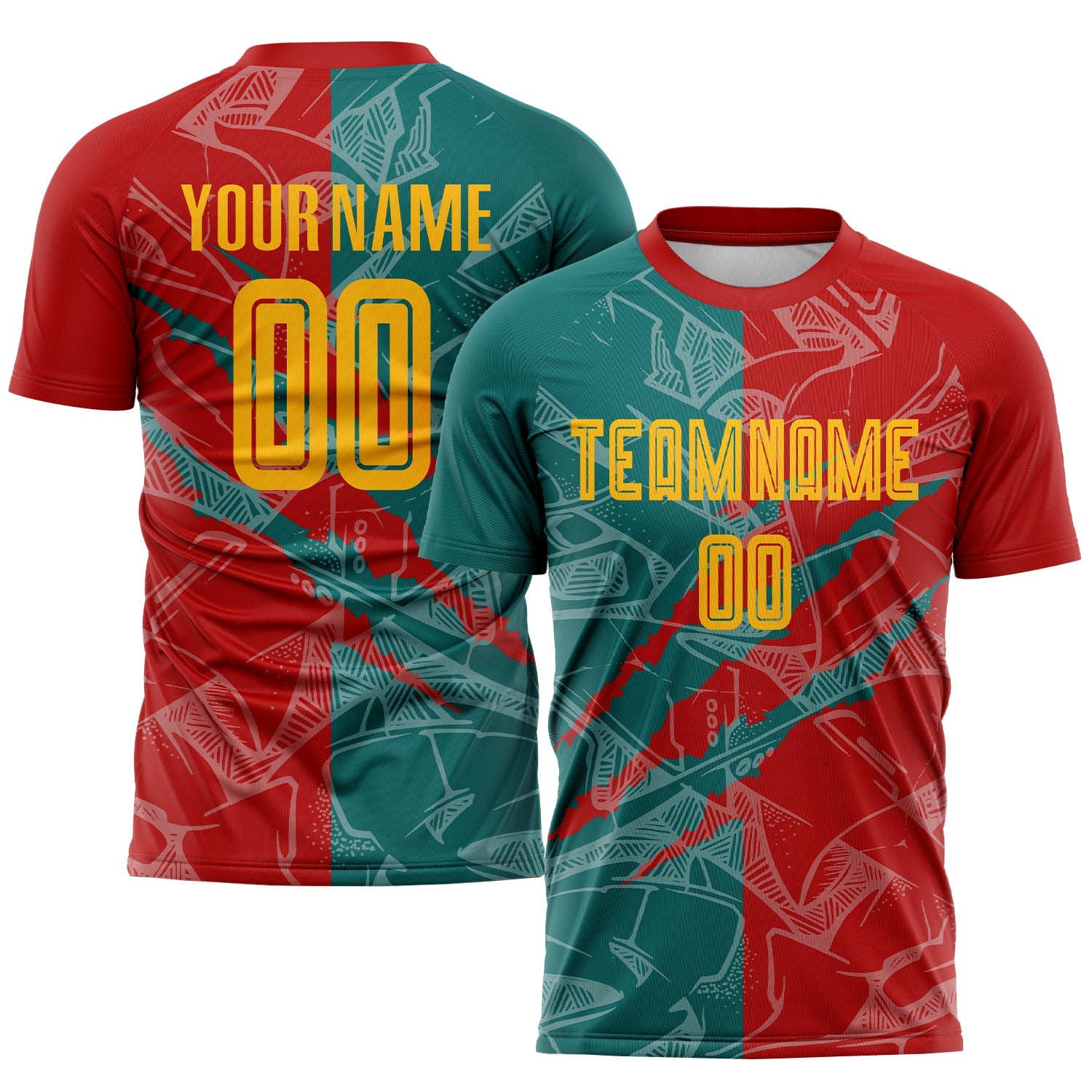 Custom Graffiti Pattern Yellow Red-Teal Scratch Sublimation Soccer Uniform Jersey - Main View