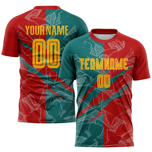 Custom Graffiti Pattern Yellow Red-Teal Scratch Sublimation Soccer Uniform Jersey - Main View