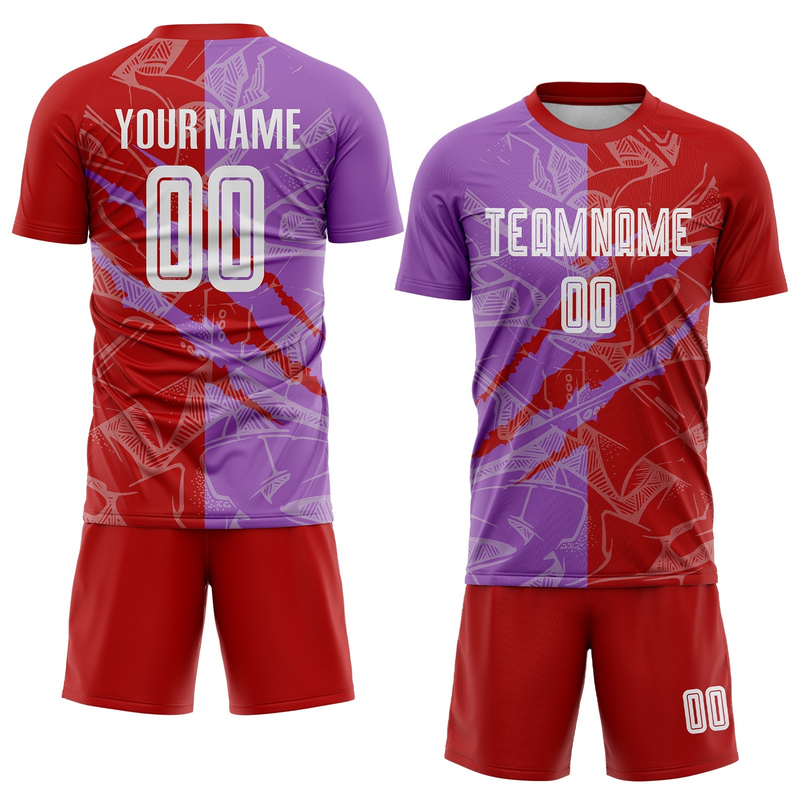 Custom Graffiti Pattern Red-Medium Purple Scratch Sublimation Soccer Uniform Jersey view 2