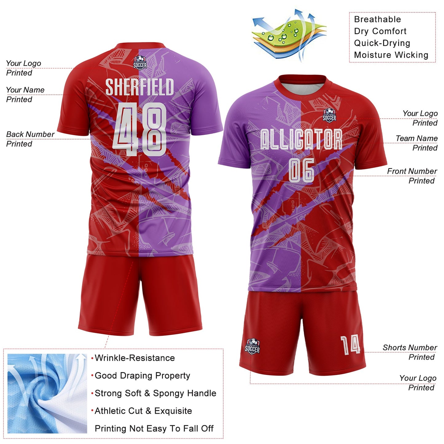 Custom Graffiti Pattern Red-Medium Purple Scratch Sublimation Soccer Uniform Jersey view 4