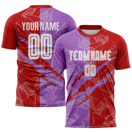 Custom Graffiti Pattern Red-Medium Purple Scratch Sublimation Soccer Uniform Jersey - Main View