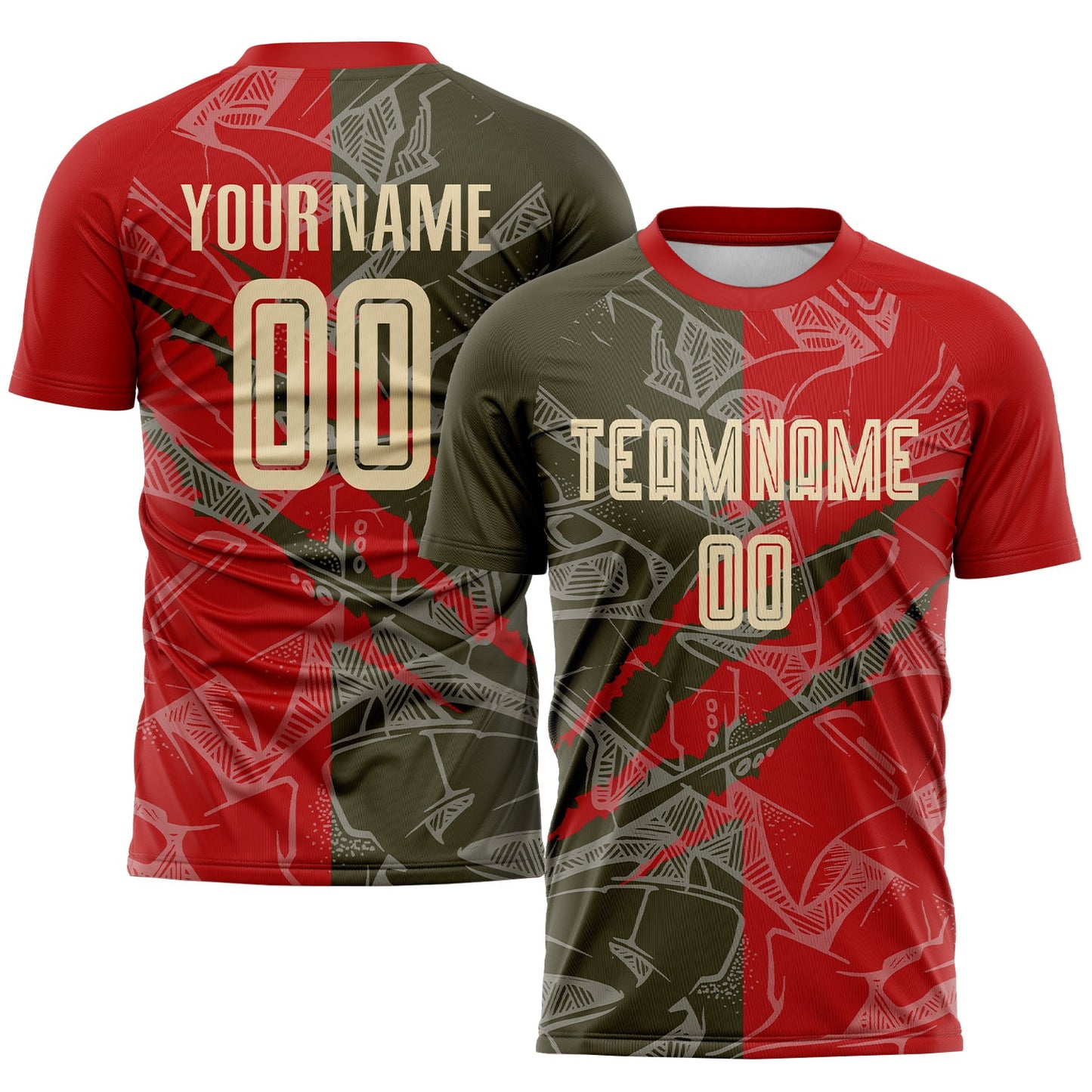 Custom Graffiti Pattern City Cream Red-Olive Scratch Sublimation Soccer Uniform Jersey - Main View