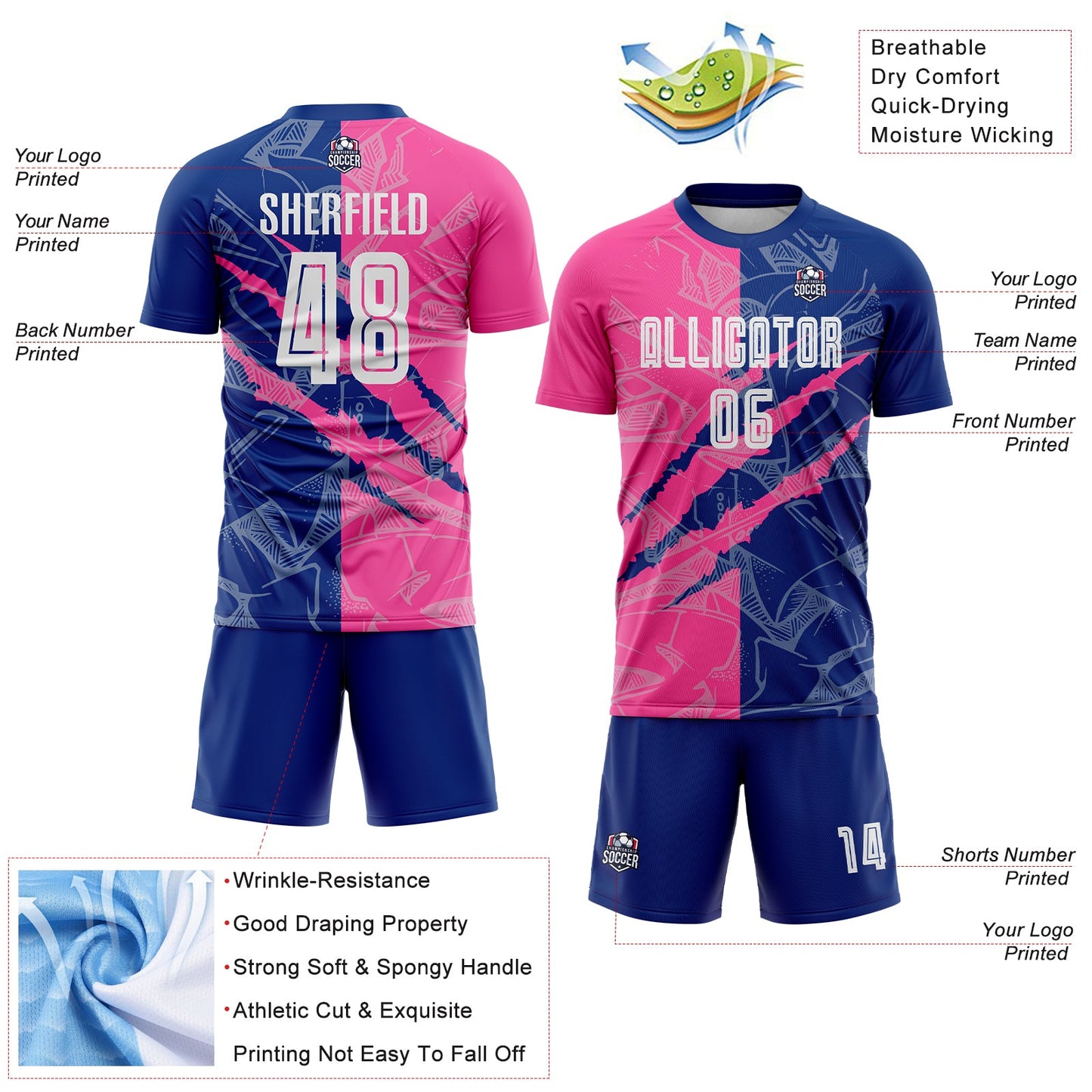 Custom Graffiti Pattern Pink-Royal Scratch Sublimation Soccer Uniform Jersey view 4