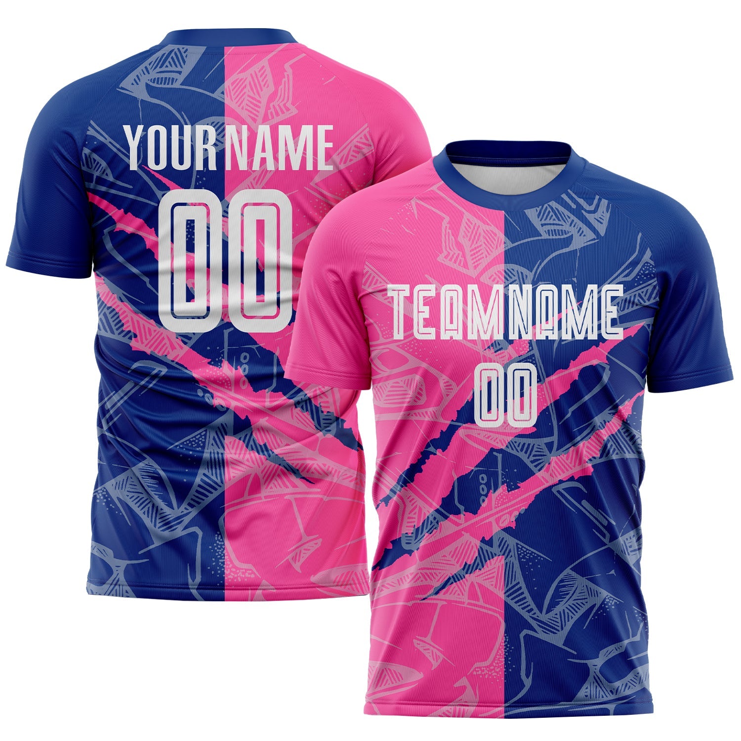 Custom Graffiti Pattern Pink-Royal Scratch Sublimation Soccer Uniform Jersey - Main View