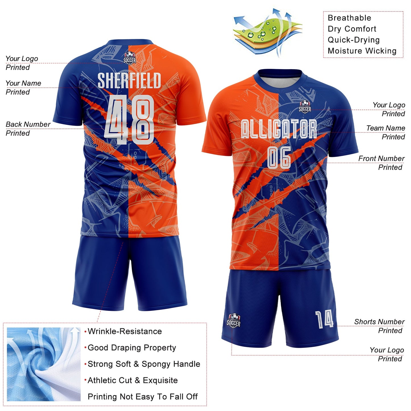 Custom Graffiti Pattern Royal-Orange Scratch Sublimation Soccer Uniform Jersey view 4