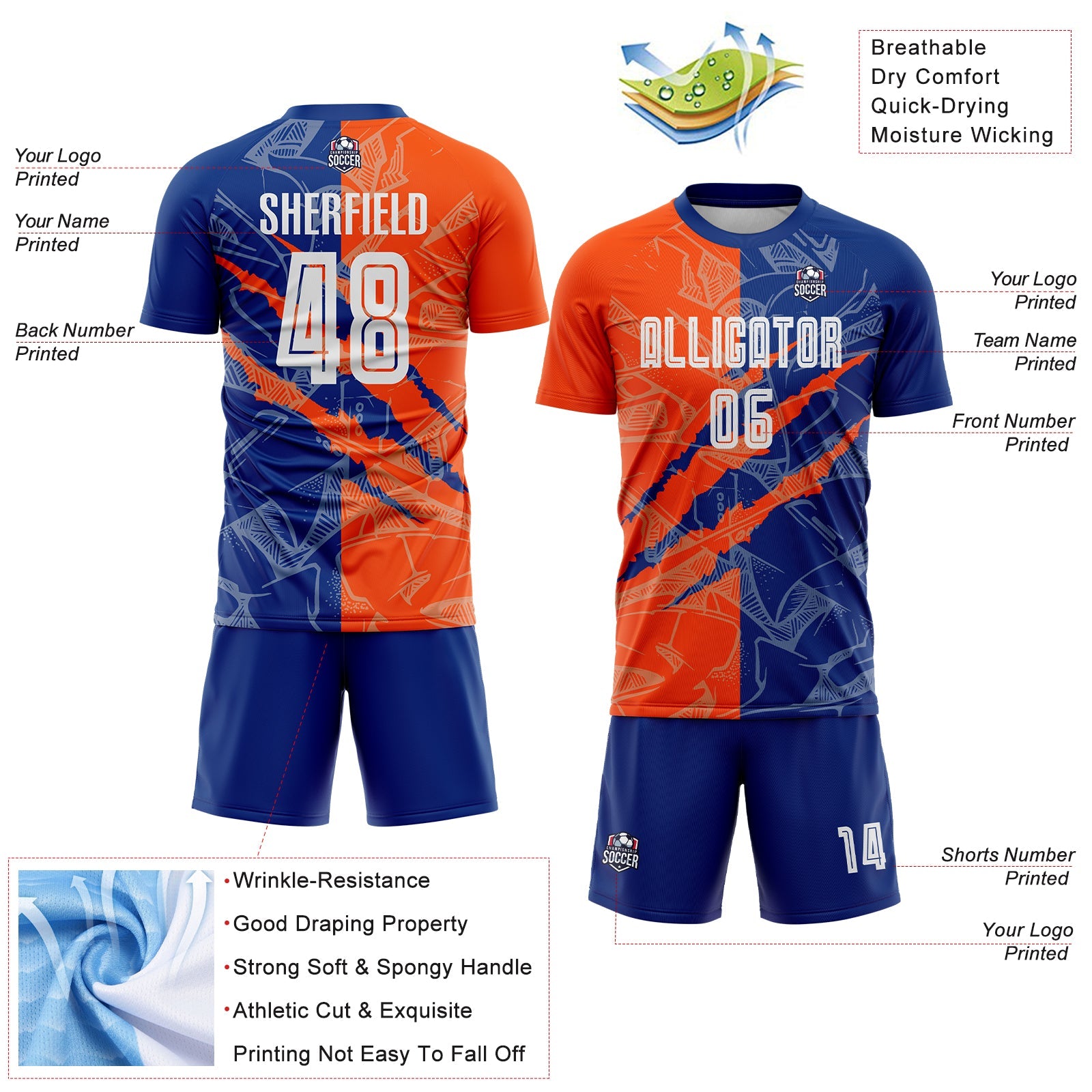 Custom Graffiti Pattern Royal-Orange Scratch Sublimation Soccer Uniform Jersey view 4