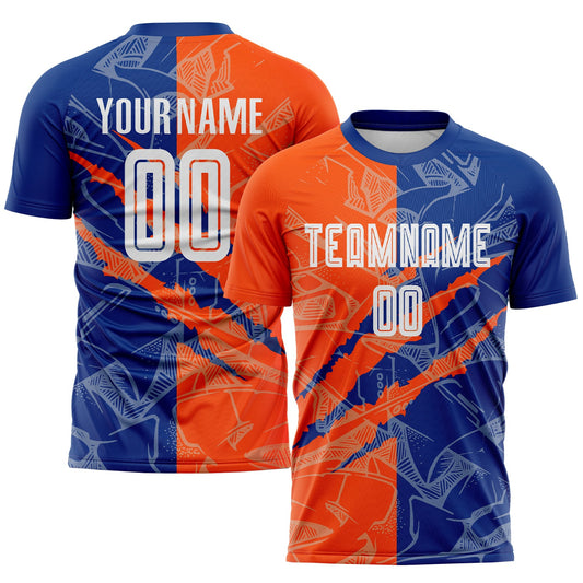 Custom Graffiti Pattern Royal-Orange Scratch Sublimation Soccer Uniform Jersey - Main View