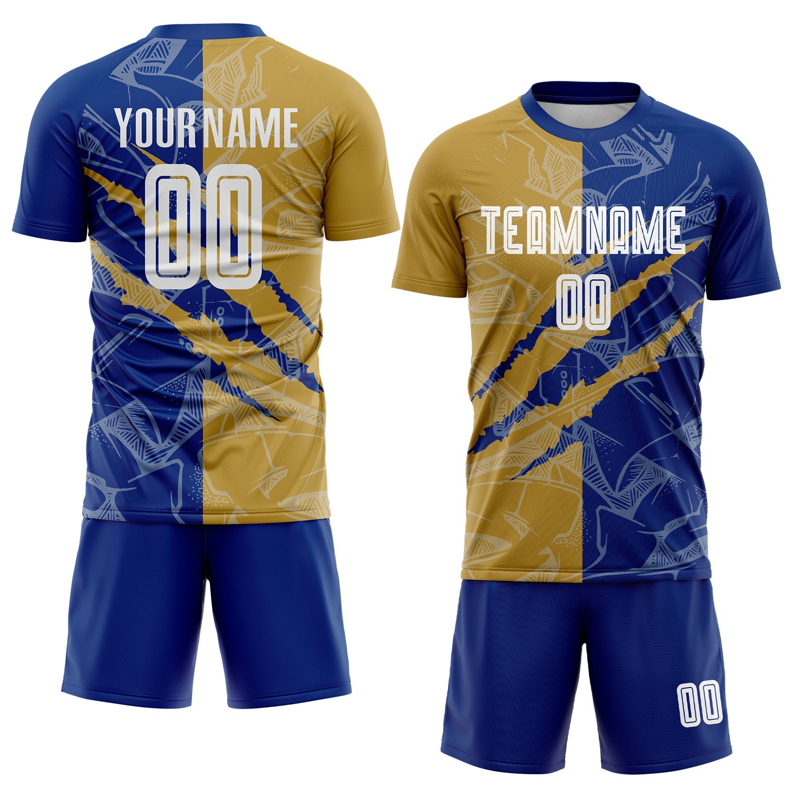 Custom Graffiti Pattern Old Gold-Royal Scratch Sublimation Soccer Uniform Jersey view 2