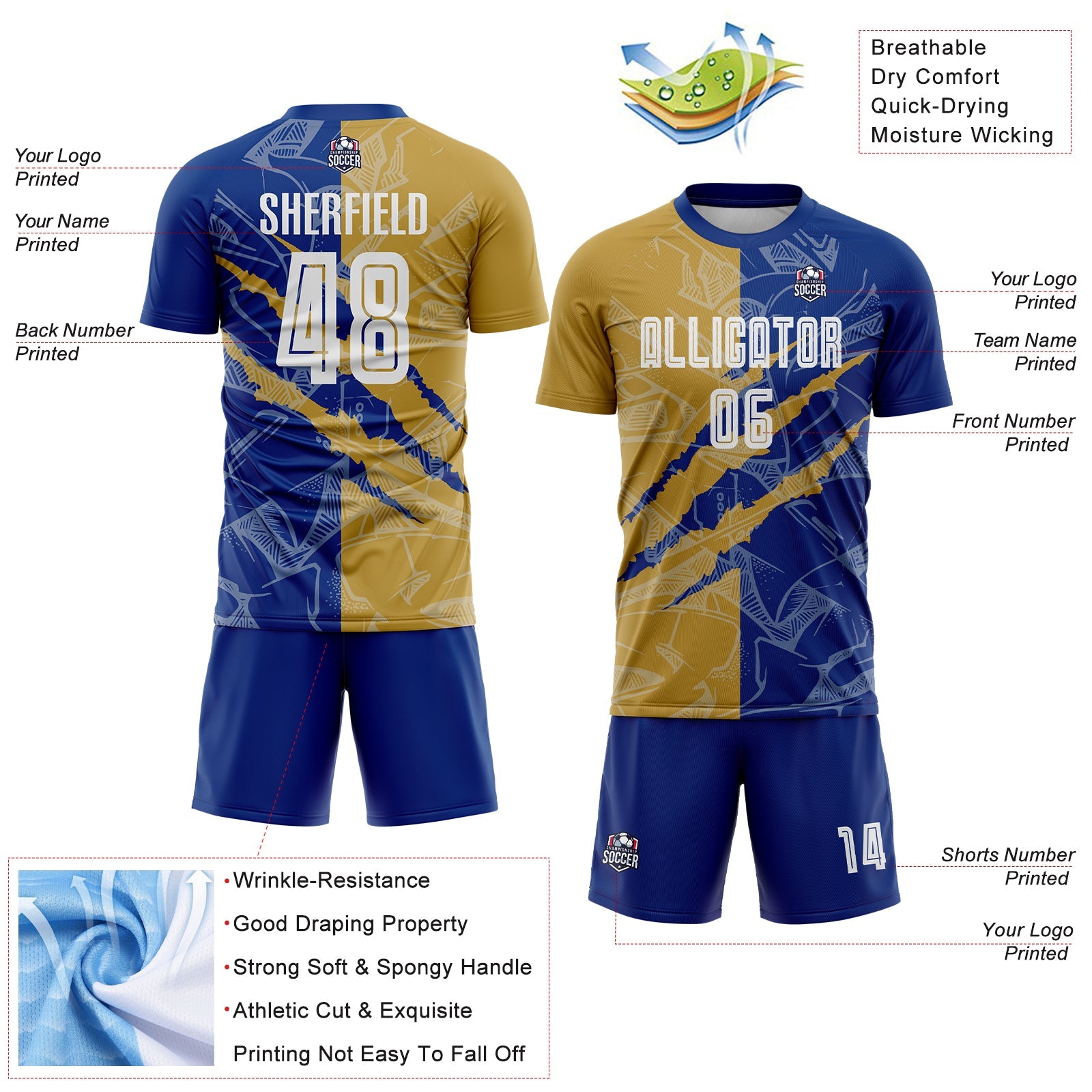 Custom Graffiti Pattern Old Gold-Royal Scratch Sublimation Soccer Uniform Jersey view 4