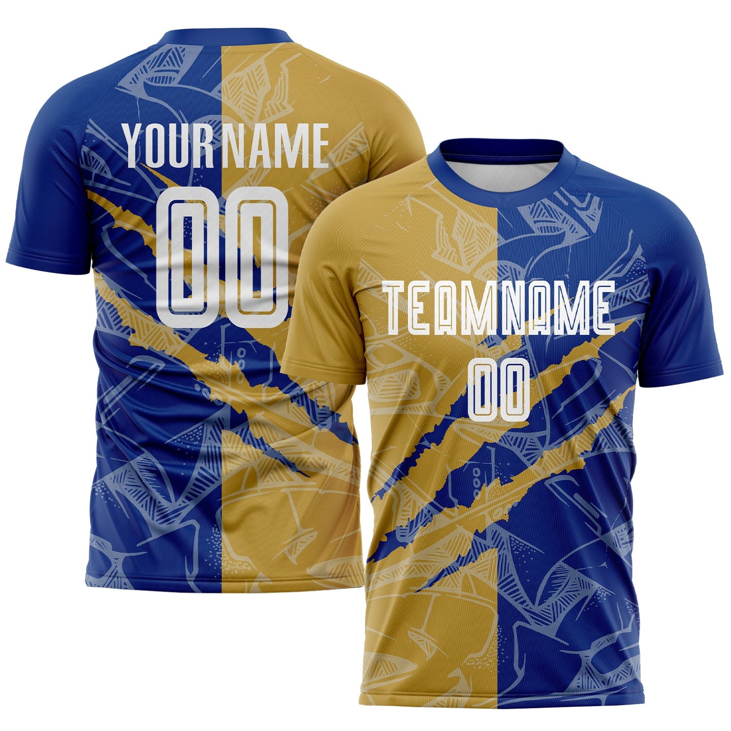 Custom Graffiti Pattern Old Gold-Royal Scratch Sublimation Soccer Uniform Jersey - Main View