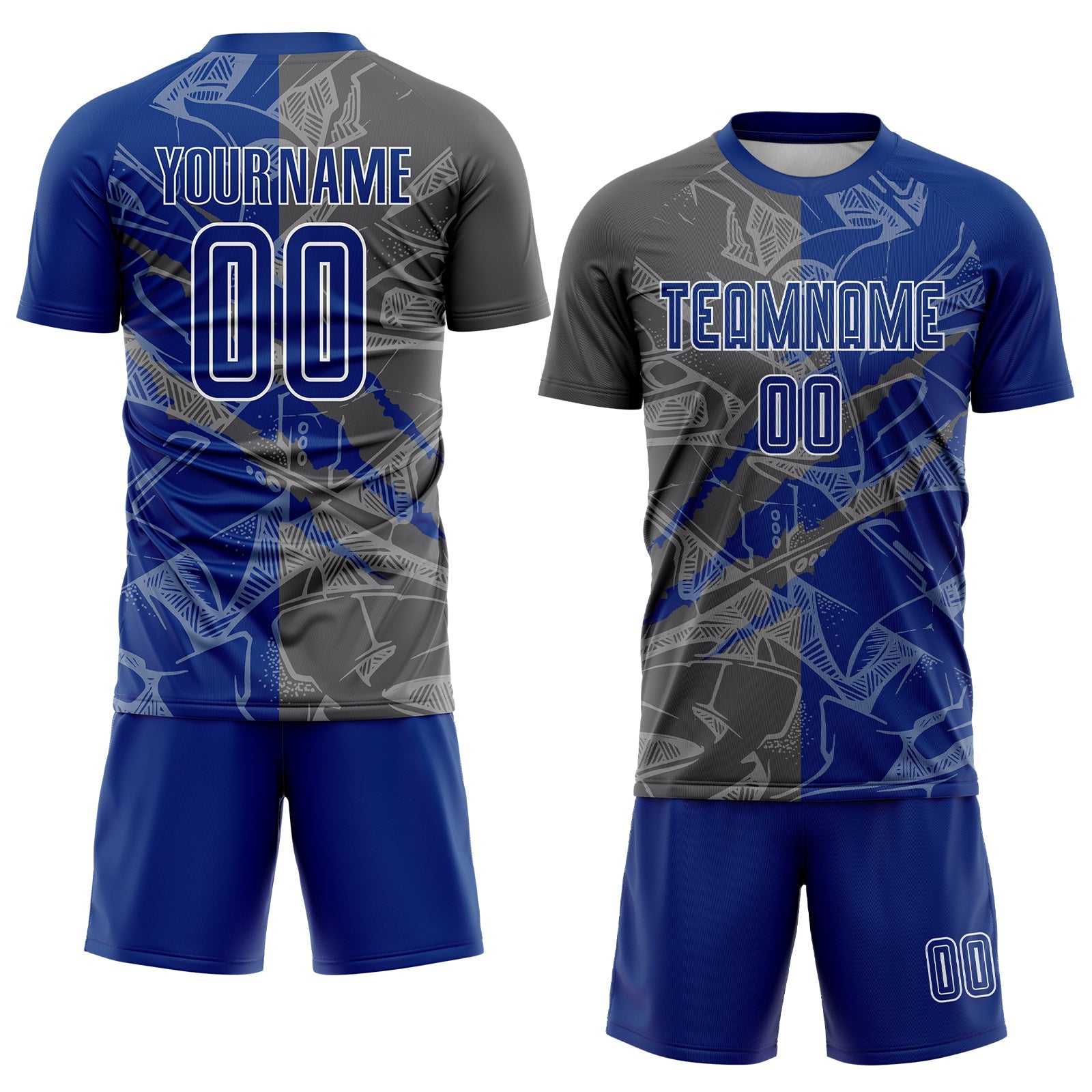 Custom Graffiti Pattern Royal-Steel Gray Scratch Sublimation Soccer Uniform Jersey view 2