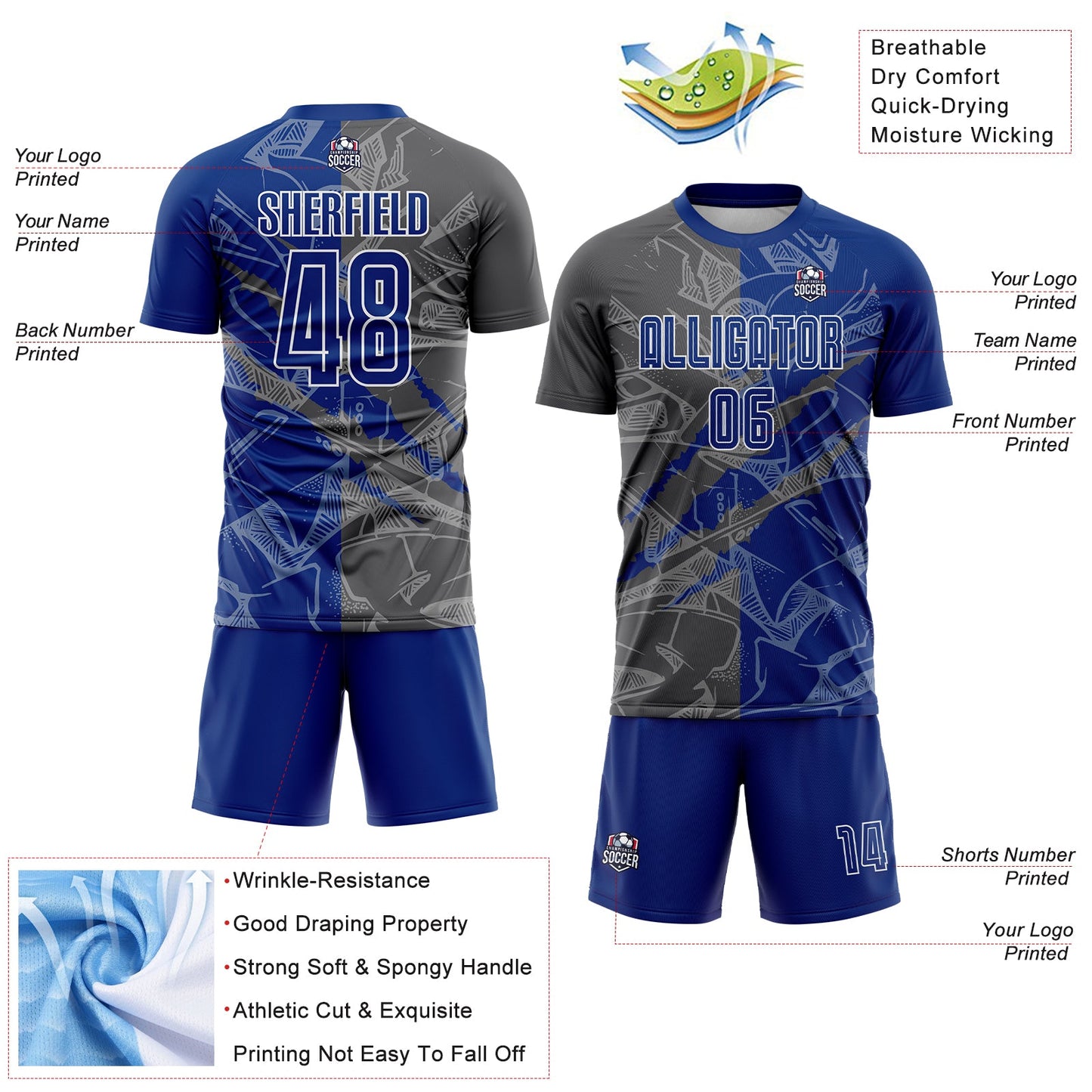 Custom Graffiti Pattern Royal-Steel Gray Scratch Sublimation Soccer Uniform Jersey view 4