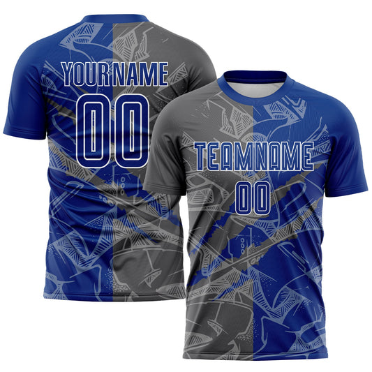 Custom Graffiti Pattern Royal-Steel Gray Scratch Sublimation Soccer Uniform Jersey - Main View