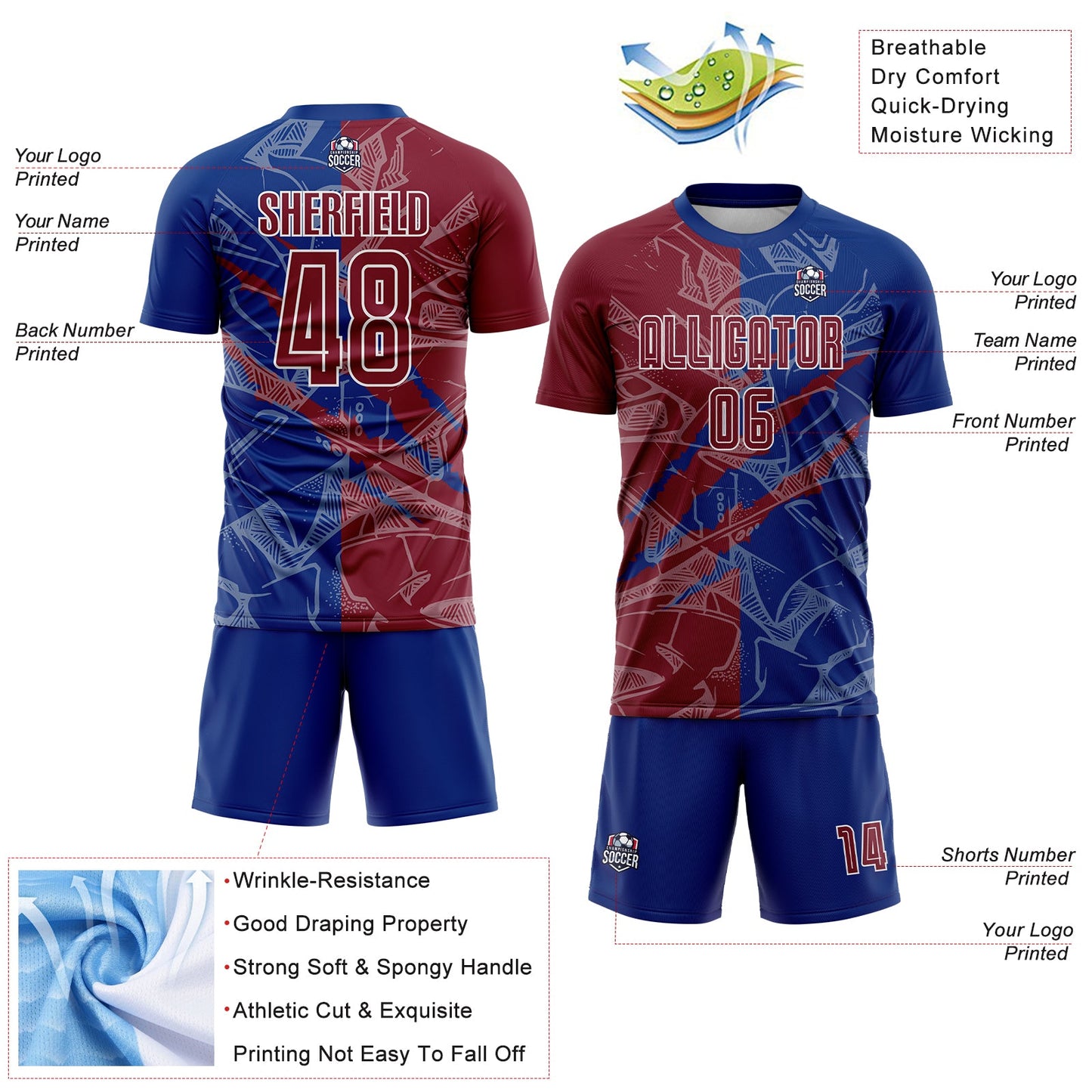 Custom Graffiti Pattern Crimson-Royal Scratch Sublimation Soccer Uniform Jersey view 4