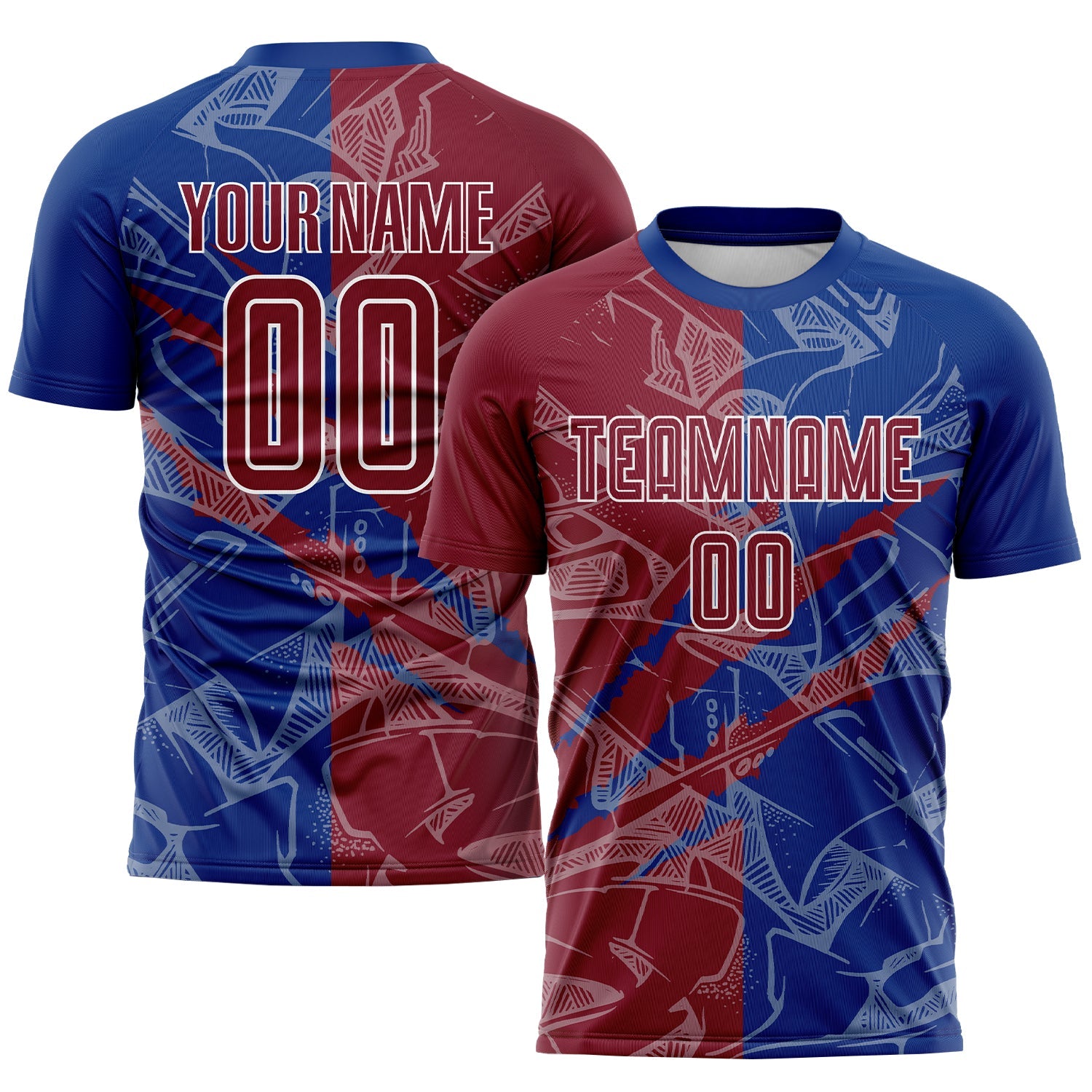 Custom Graffiti Pattern Crimson-Royal Scratch Sublimation Soccer Uniform Jersey - Main View