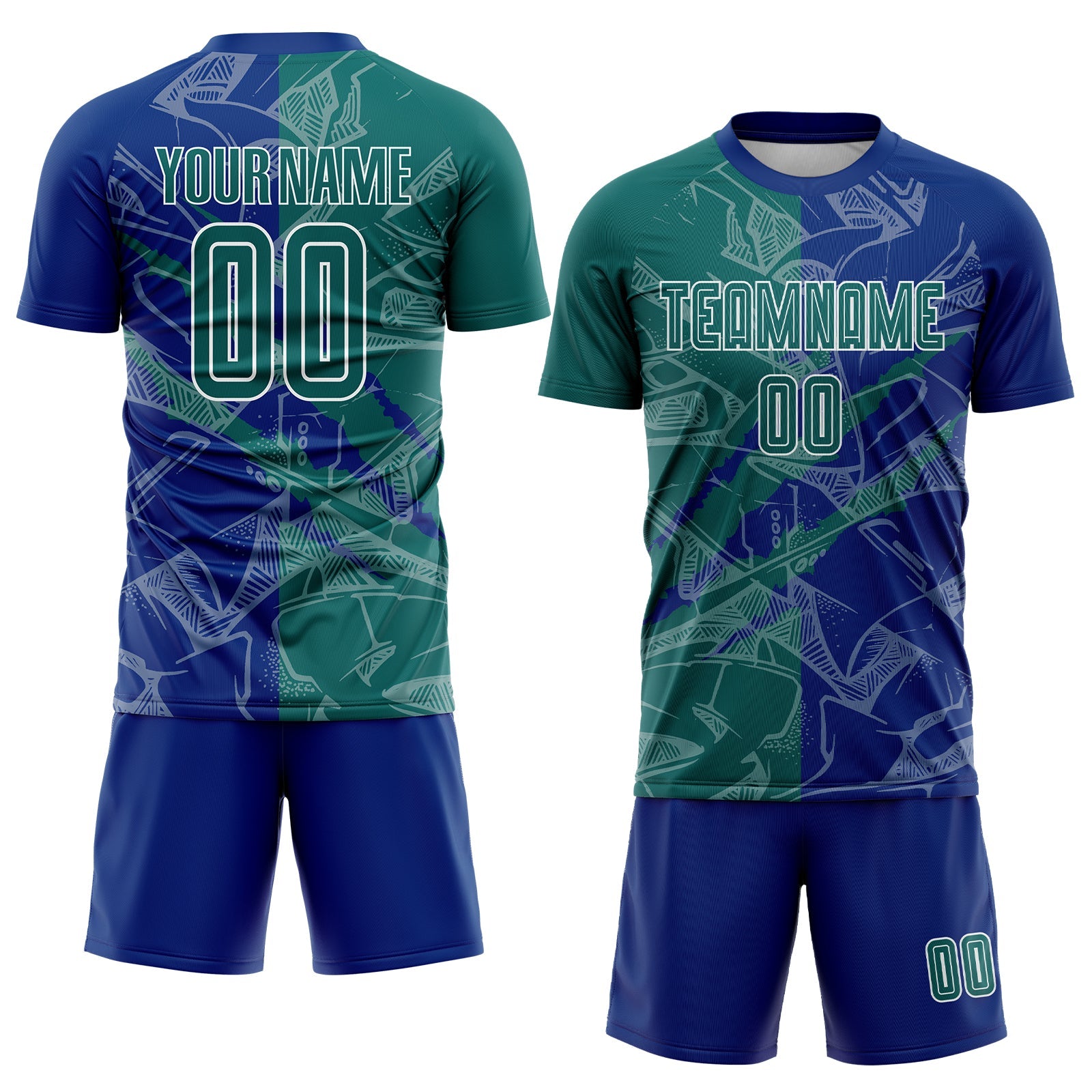 Custom Graffiti Pattern Teal-Royal Scratch Sublimation Soccer Uniform Jersey view 2