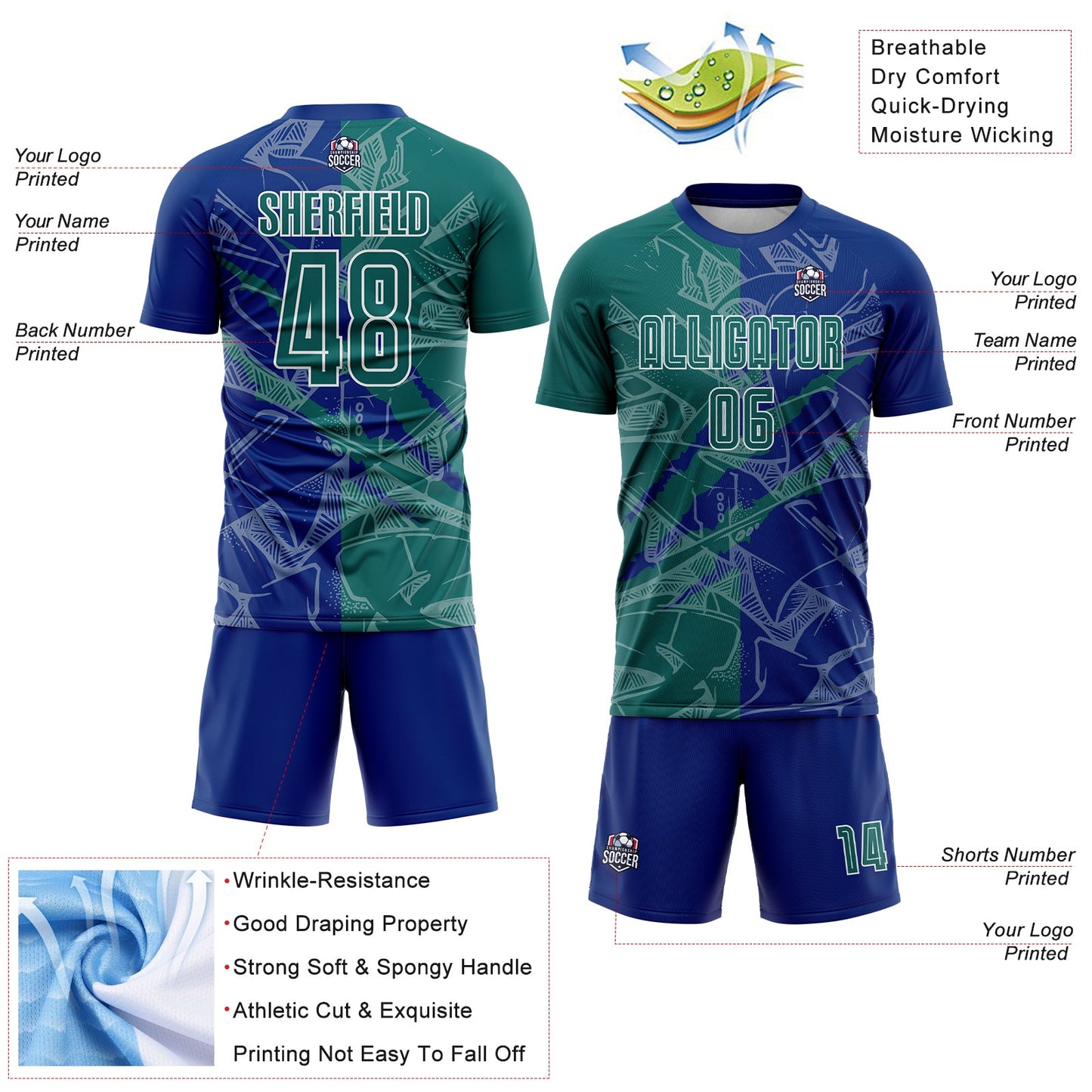 Custom Graffiti Pattern Teal-Royal Scratch Sublimation Soccer Uniform Jersey view 4