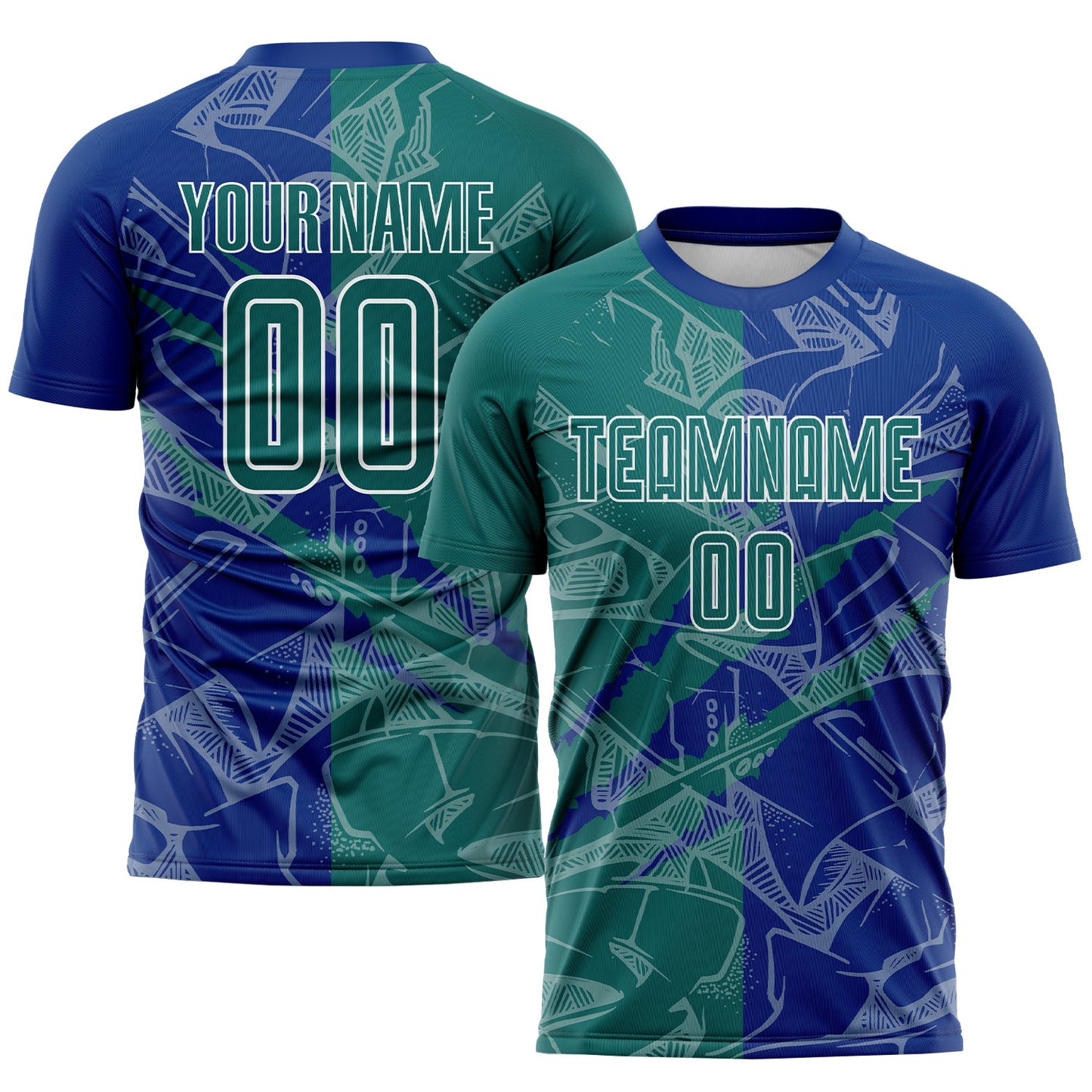 Custom Graffiti Pattern Teal-Royal Scratch Sublimation Soccer Uniform Jersey - Main View