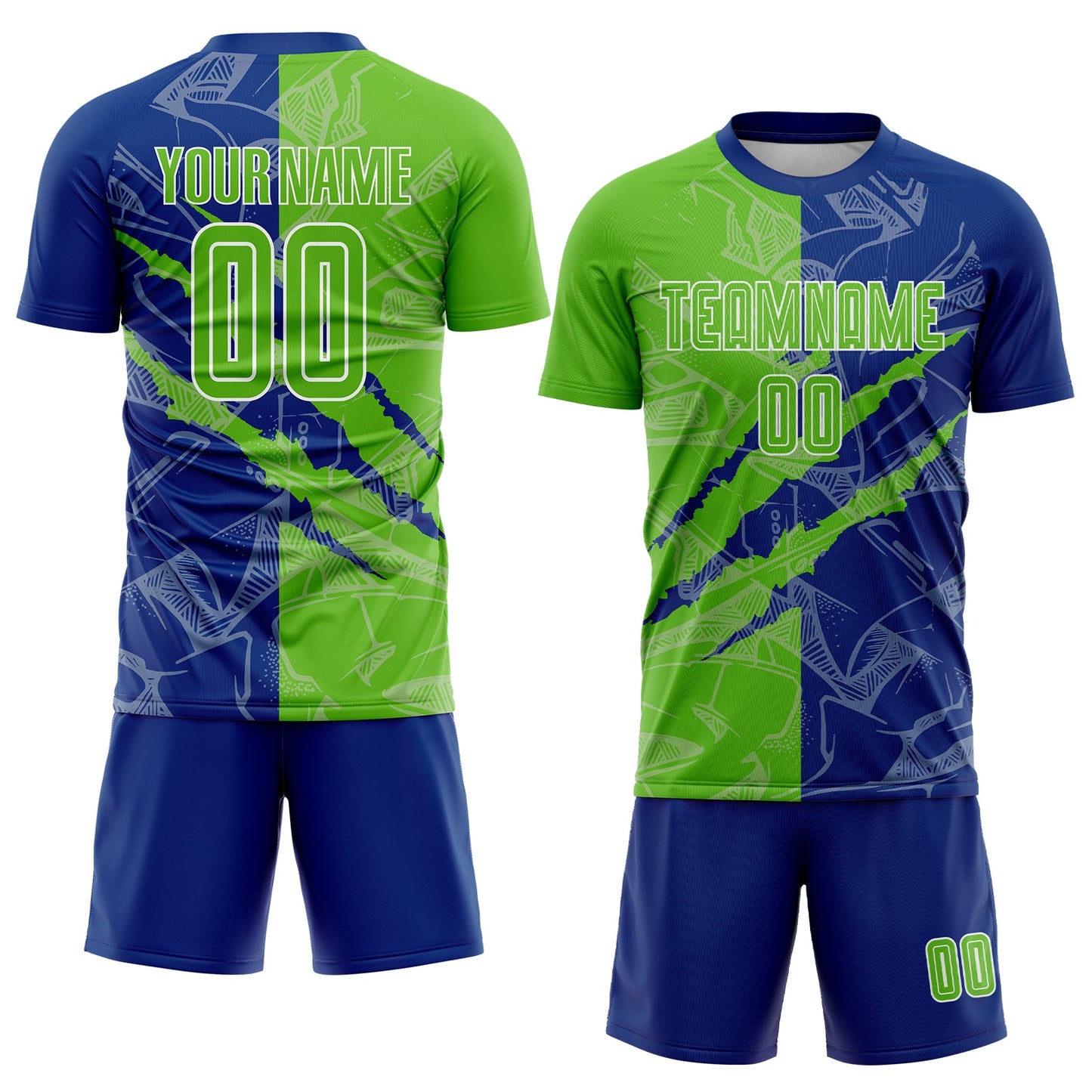 Custom Graffiti Pattern Aurora Green-Royal Scratch Sublimation Soccer Uniform Jersey view 2
