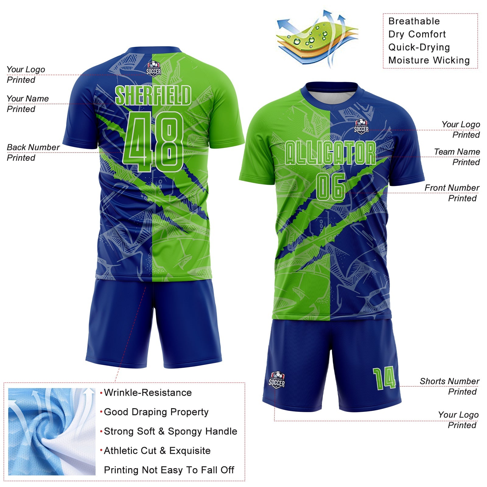 Custom Graffiti Pattern Aurora Green-Royal Scratch Sublimation Soccer Uniform Jersey view 4