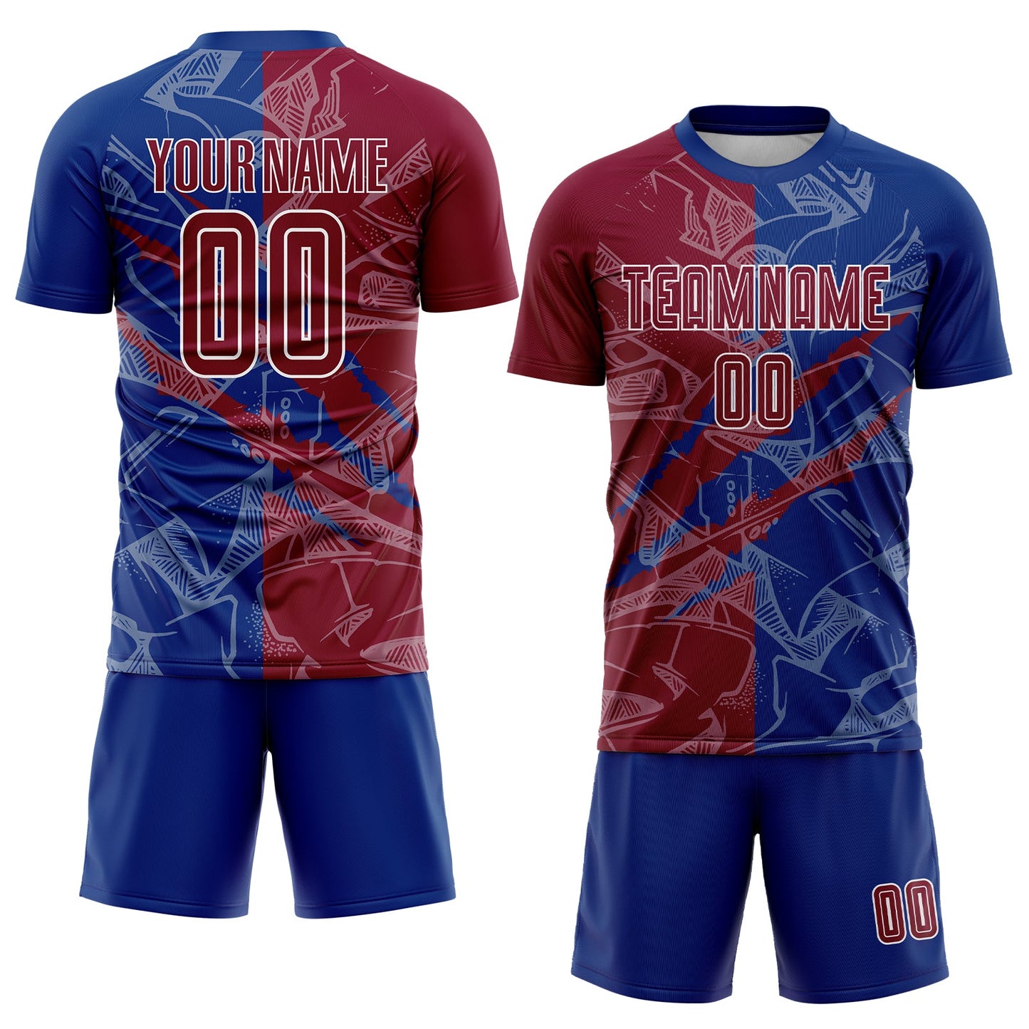 Custom Graffiti Pattern Maroon-Royal Scratch Sublimation Soccer Uniform Jersey view 2